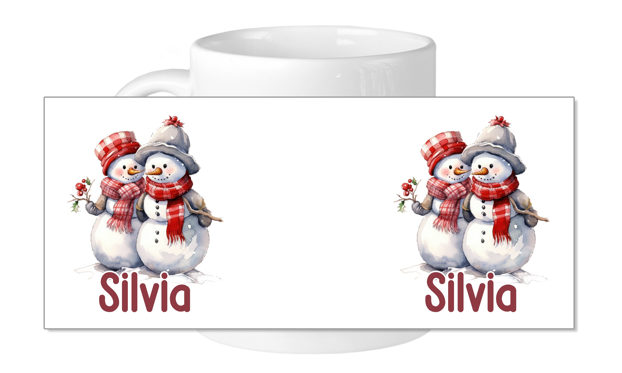 Tasse mit zwei Schneemännern, rot-weiße Schals, Name Silvia.