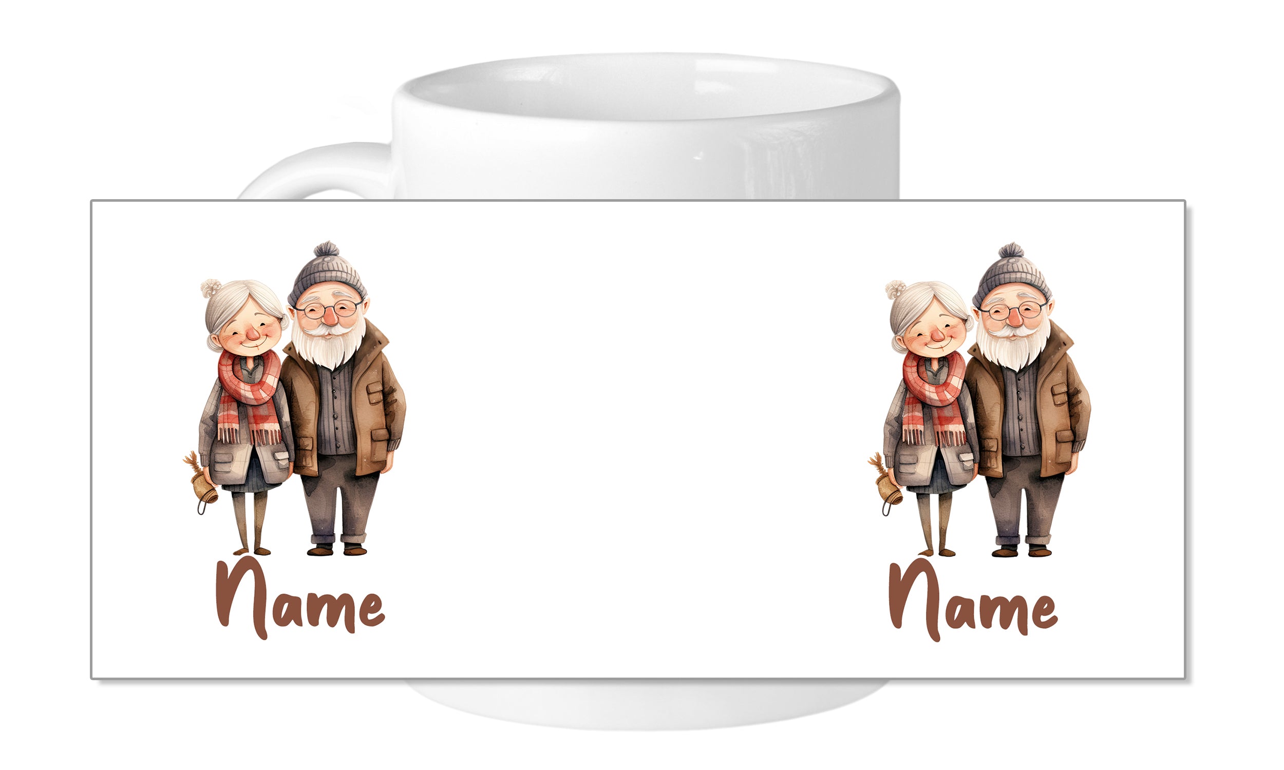 Tasse mit Illustrationen eines älteren Paares und Namen.