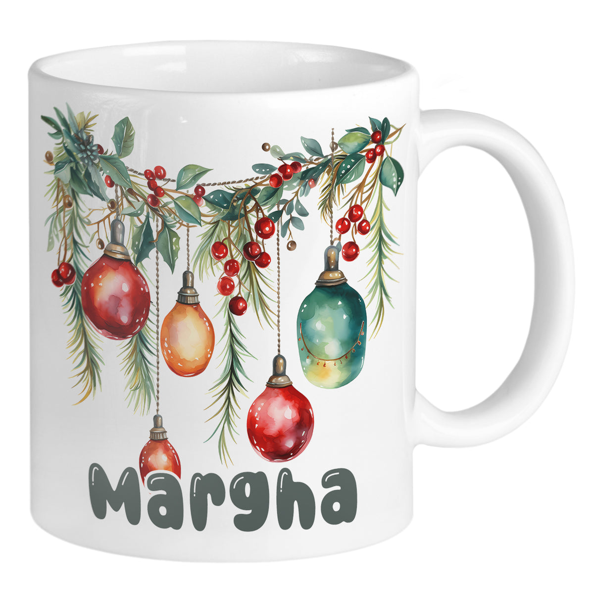 Weißer Becher mit Weihnachtsbaumdekoration und "Margha" Schriftzug.