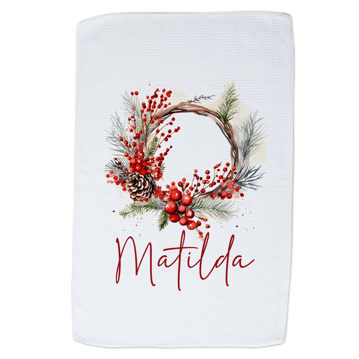 Weißes Handtuch mit rotem Weihnachtskranz und Name Matilda.