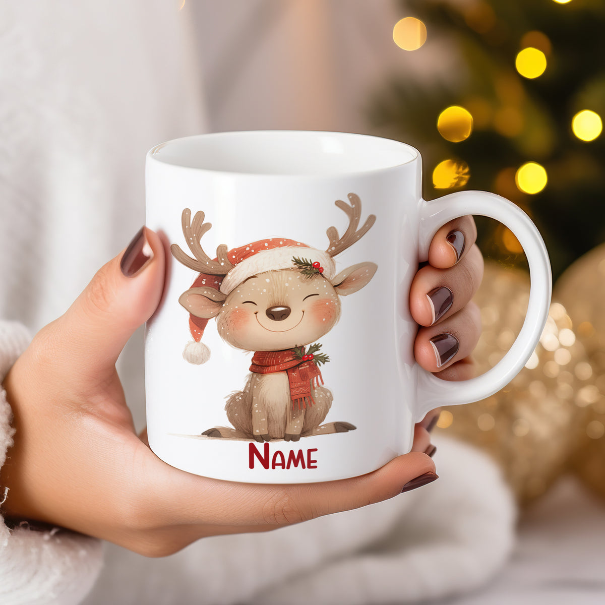 Kaffeetasse mit niedlichem Rentier-Motiv und personalisierbarem Namen.