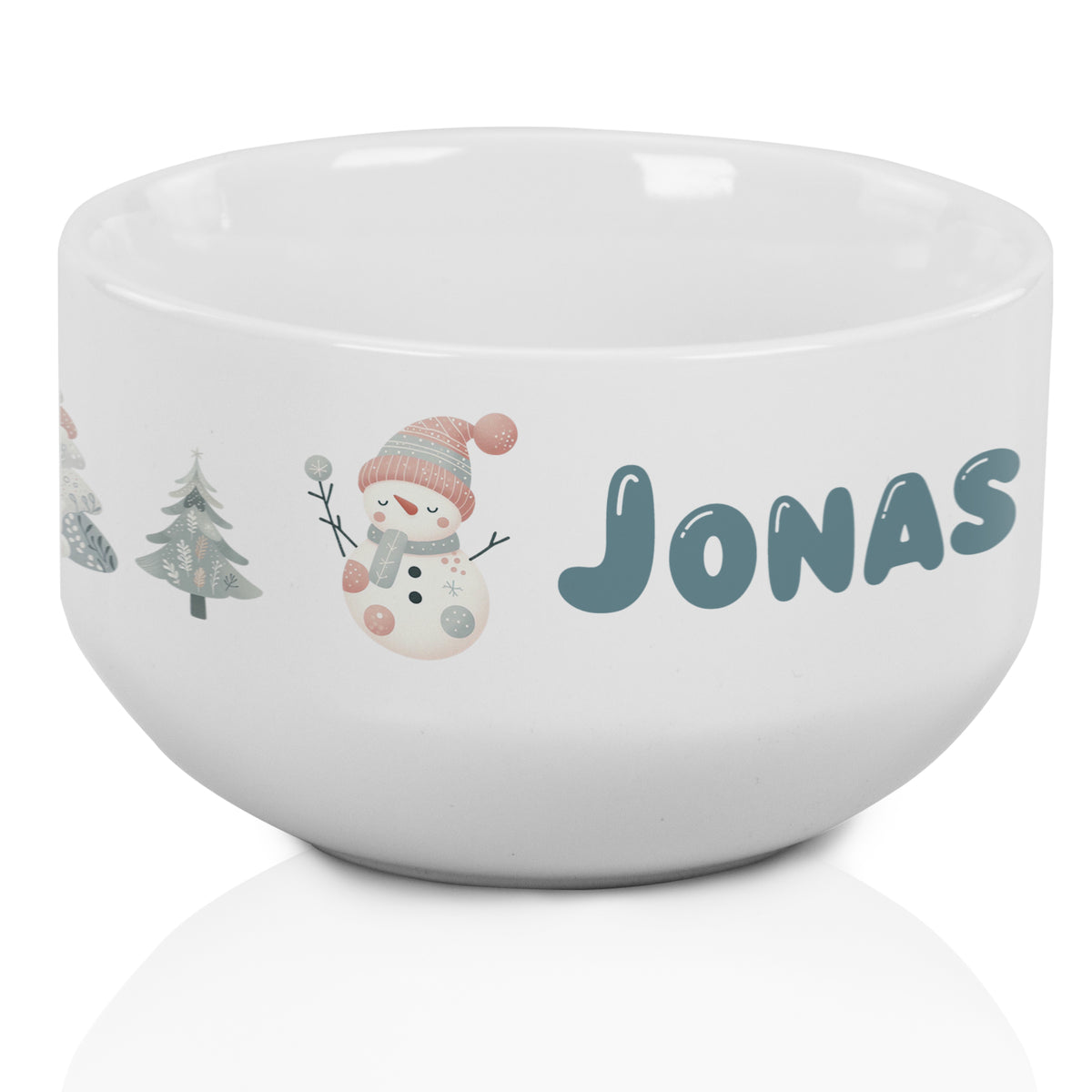 Weiße Schüssel mit Schneemann und dem Namen Jonas.