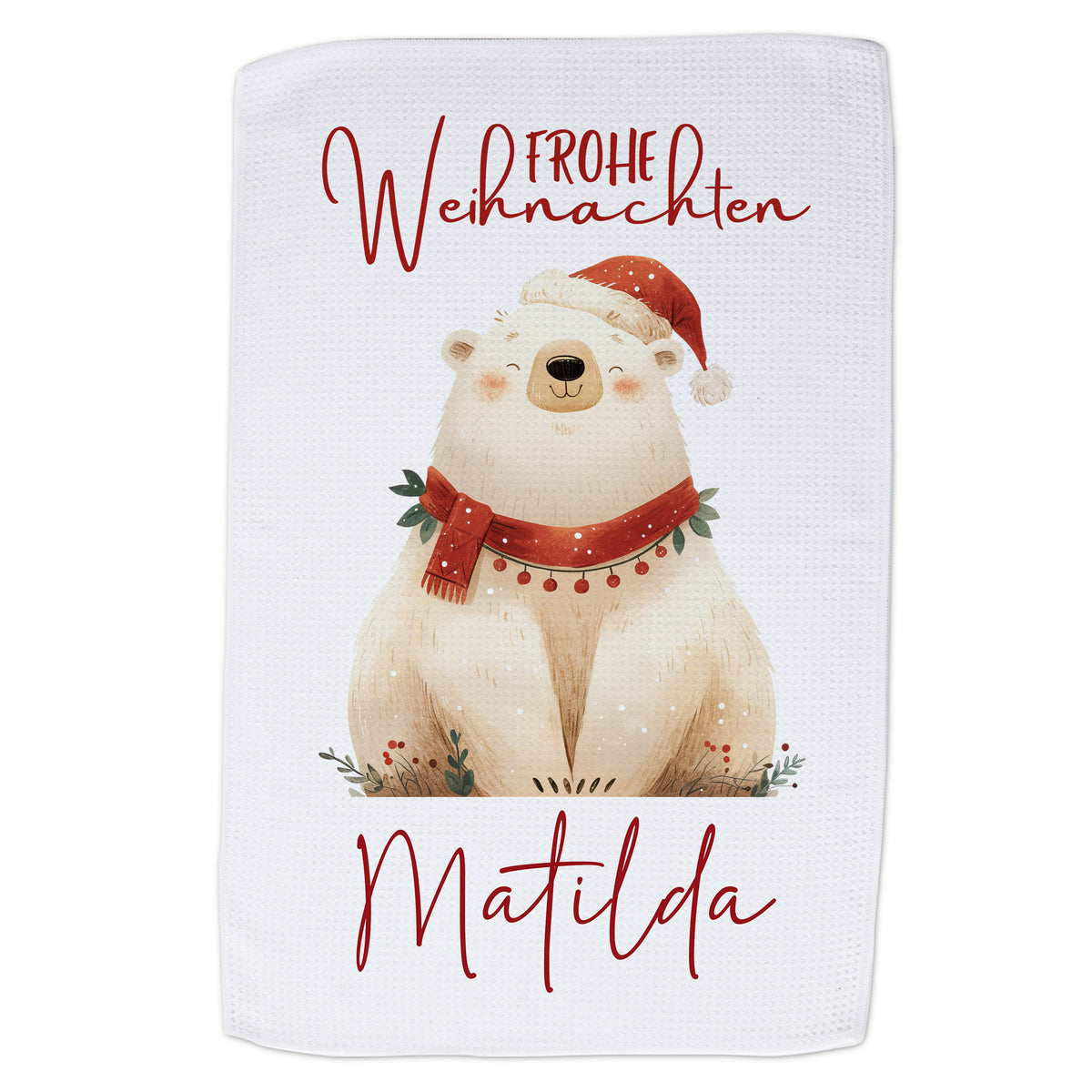 Frohe Weihnachten mit einem niedlichen Bären und rotem Schal.