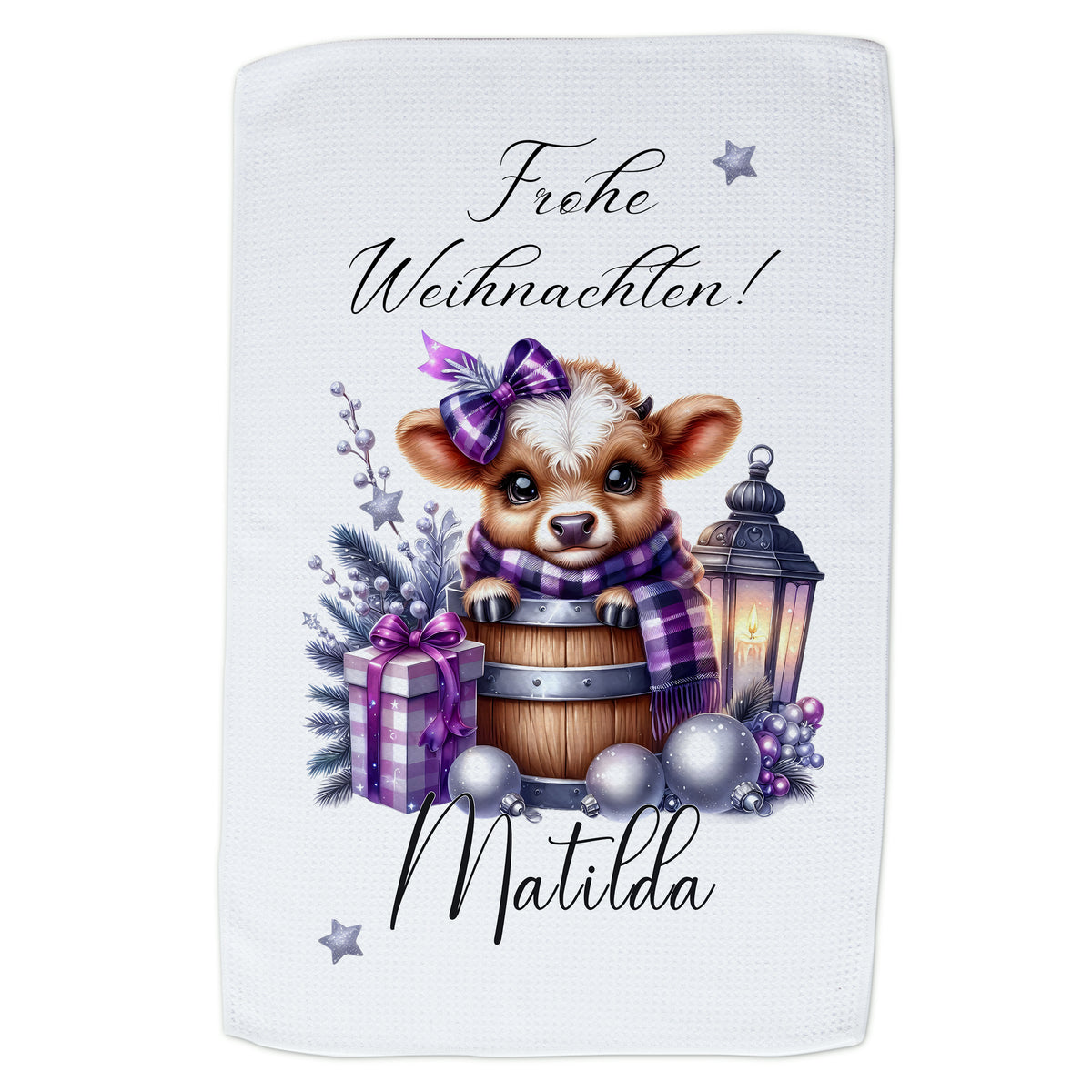 Weihnachtliches Handtuch mit Kälbchen und Geschenken.