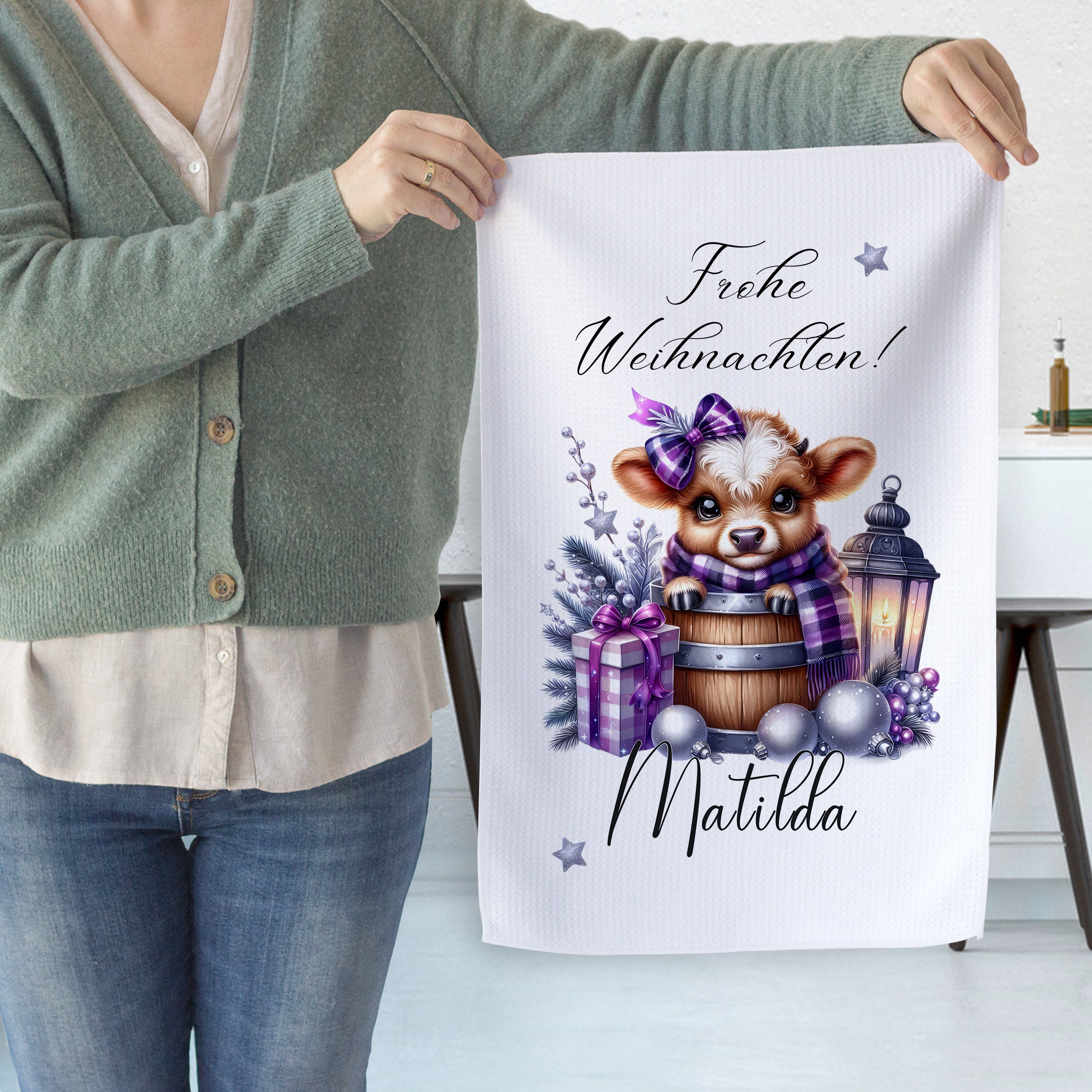 Weihnachtstuch mit niedlichem Tier und Geschenken.