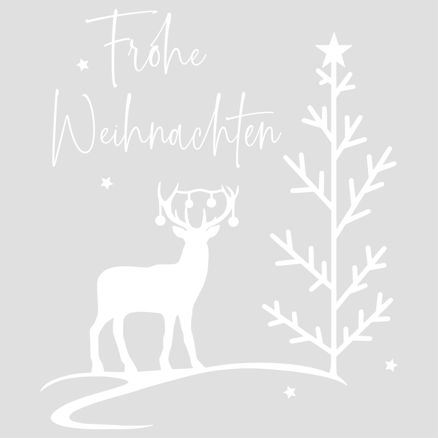 Fröhliche Weihnachten, weißes Rentier und Tannenbaum auf grauem Hintergrund.