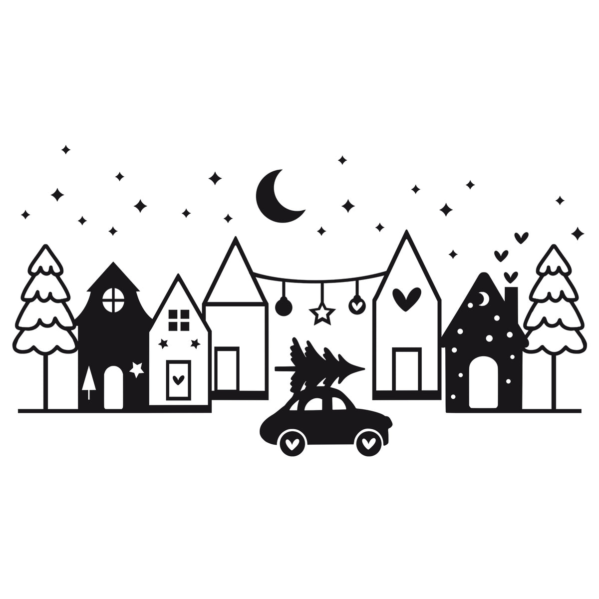 Schwarz-weiße Illustration von Häusern und einem Auto.