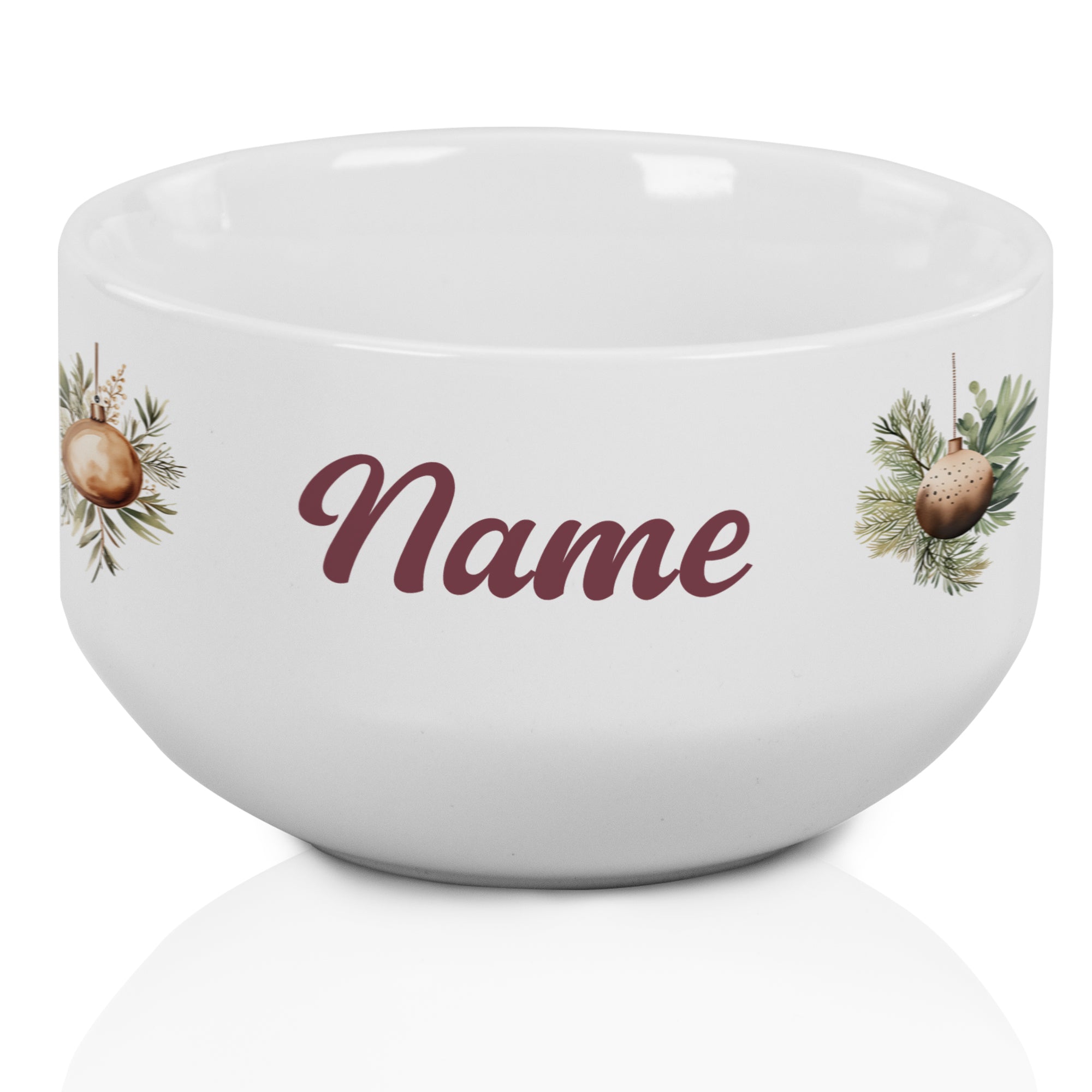 Weiße Schüssel mit personalisiertem Namen und Weihnachtsdesign.