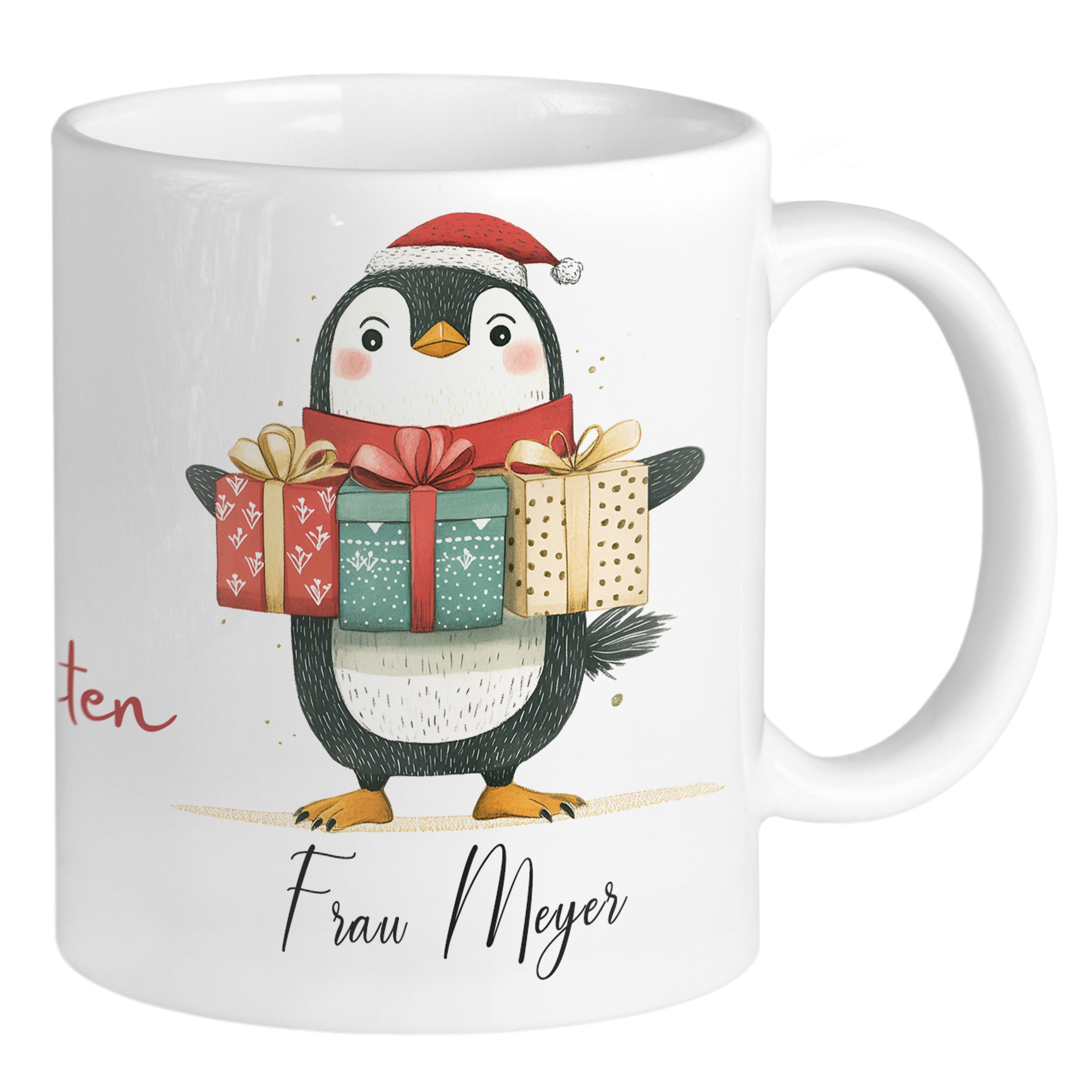 Tasse mit Pinguin, Geschenken und Weihnachtsmütze.