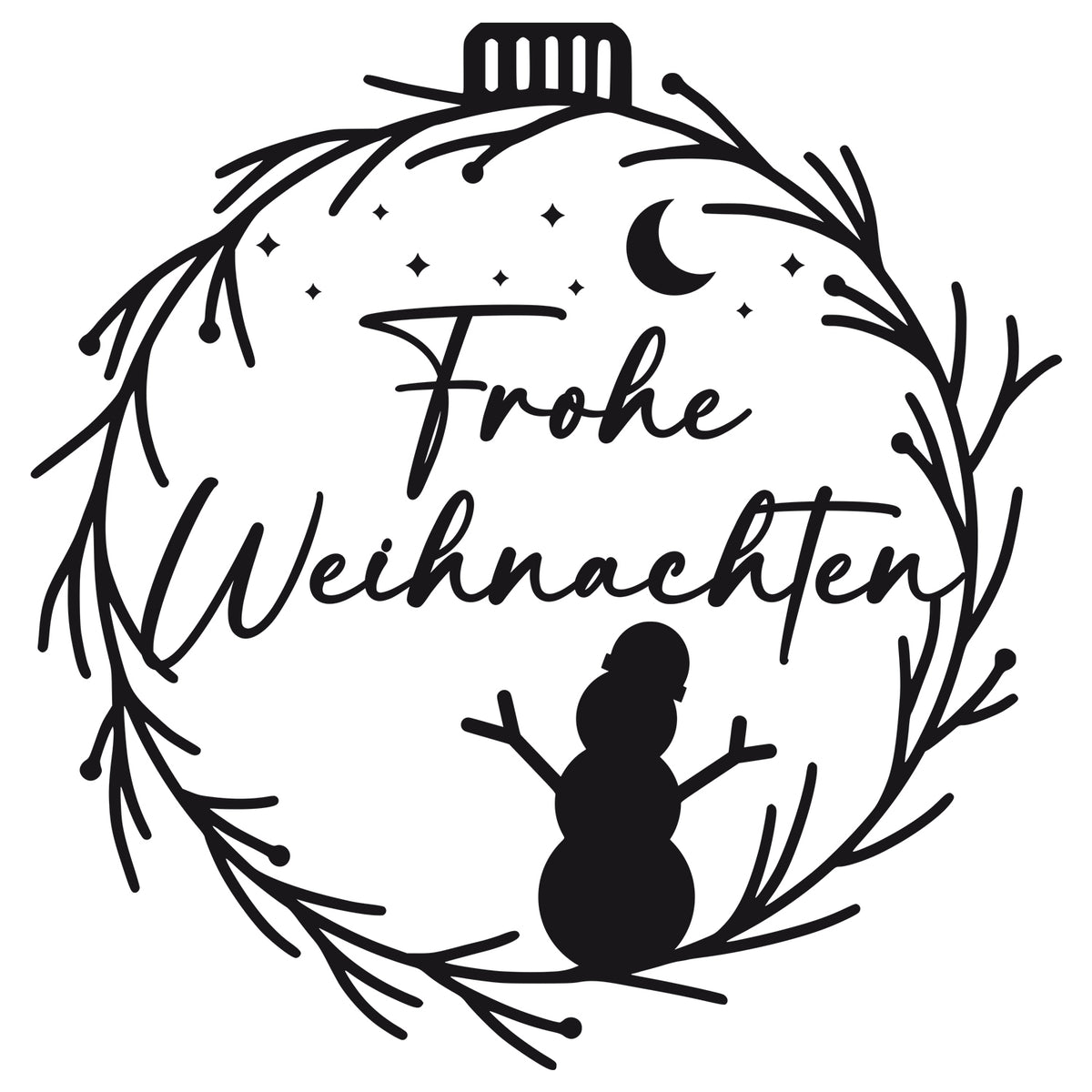Frohe Weihnachten Schriftzug mit Schneemann und Zweigen.