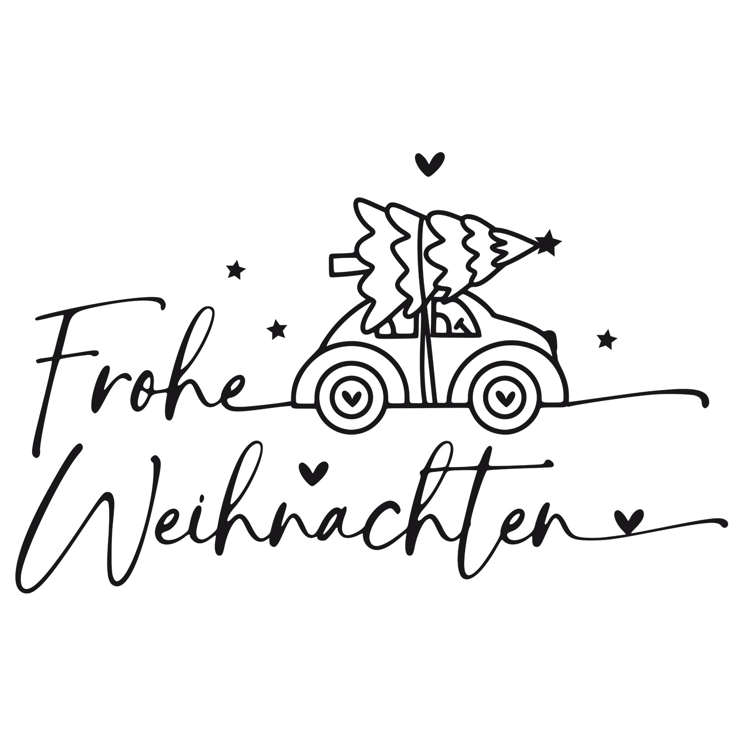 Schwarz-weiß Illustration eines Autos mit Weihnachtsbaum.