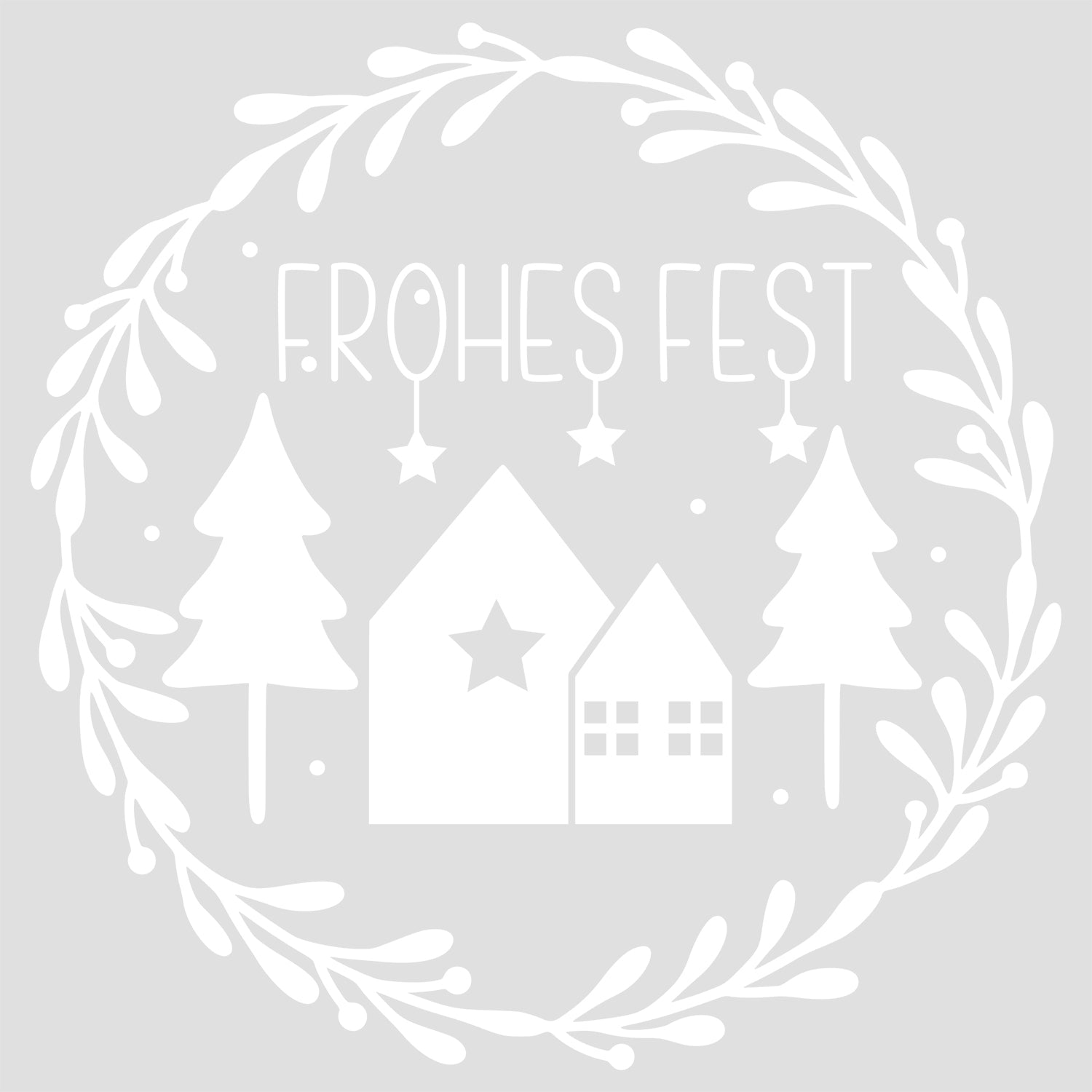 Frohes Fest Schriftzug mit weißen Häusern und Tannenbäumen.