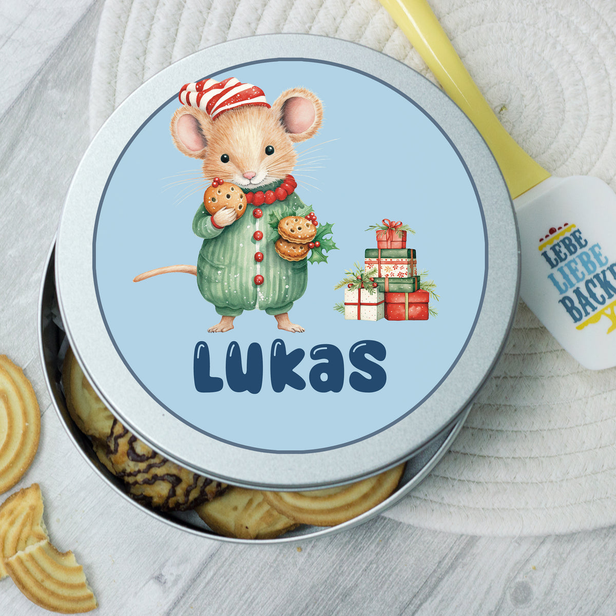 Blechdose mit Maus, Weihnachtsmotiven und dem Namen Lukas.