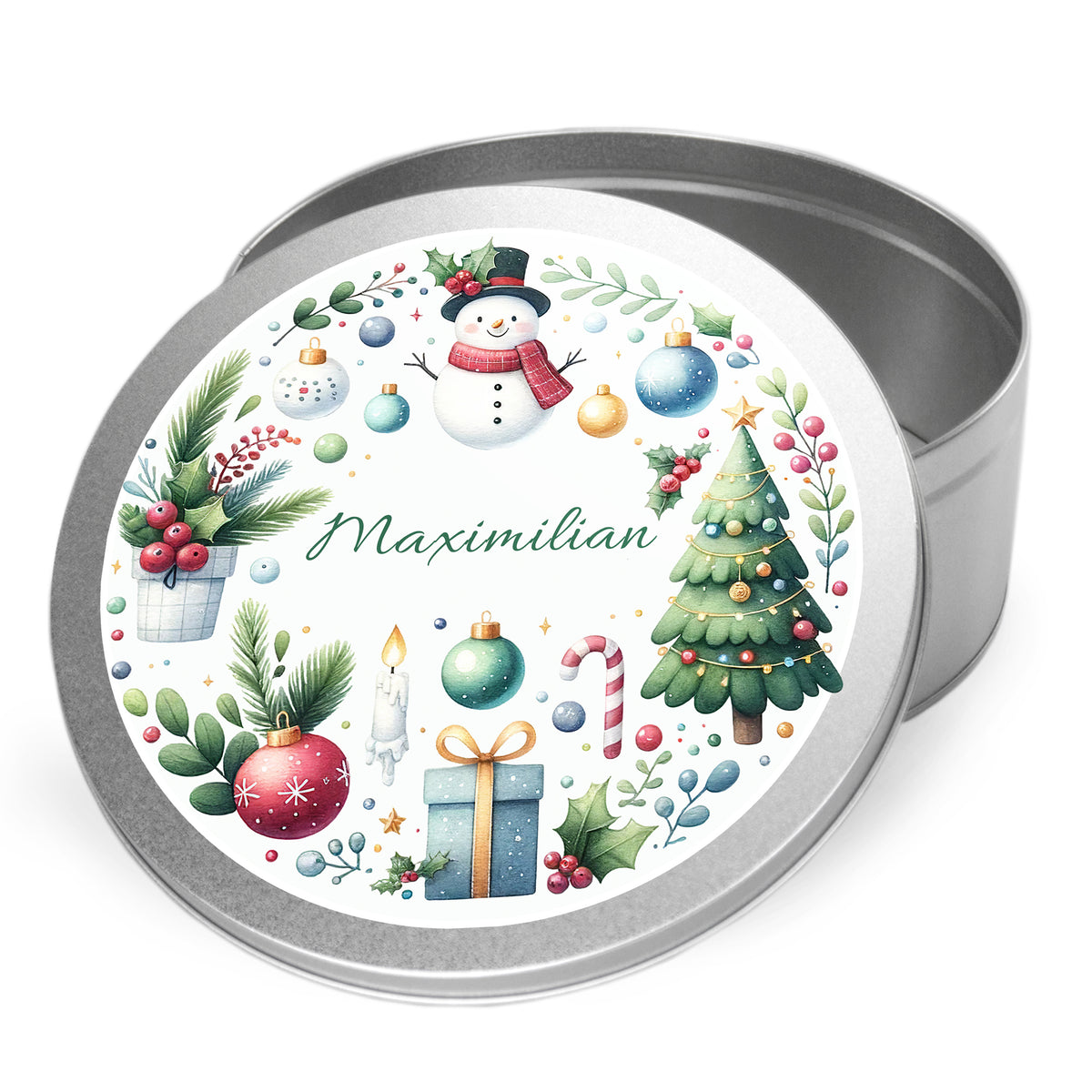 Weihnachtliche Blechdose mit Schneemann, Tannenbaum und Geschenken.