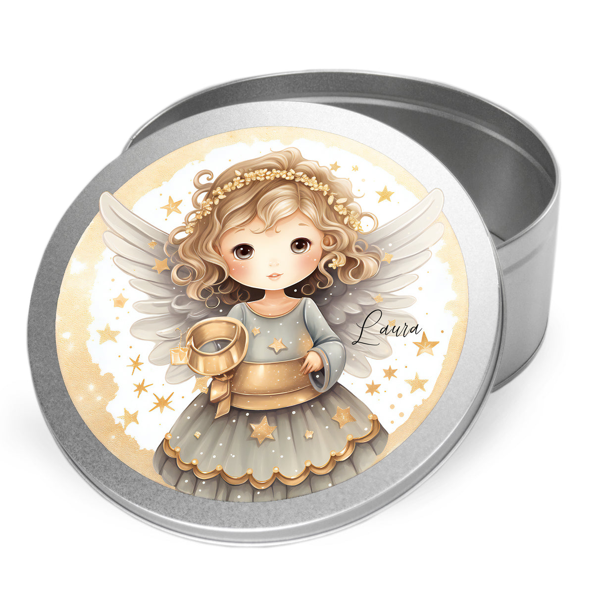 Runde Blechdose mit Engel-Motiv in Grau und Gold.