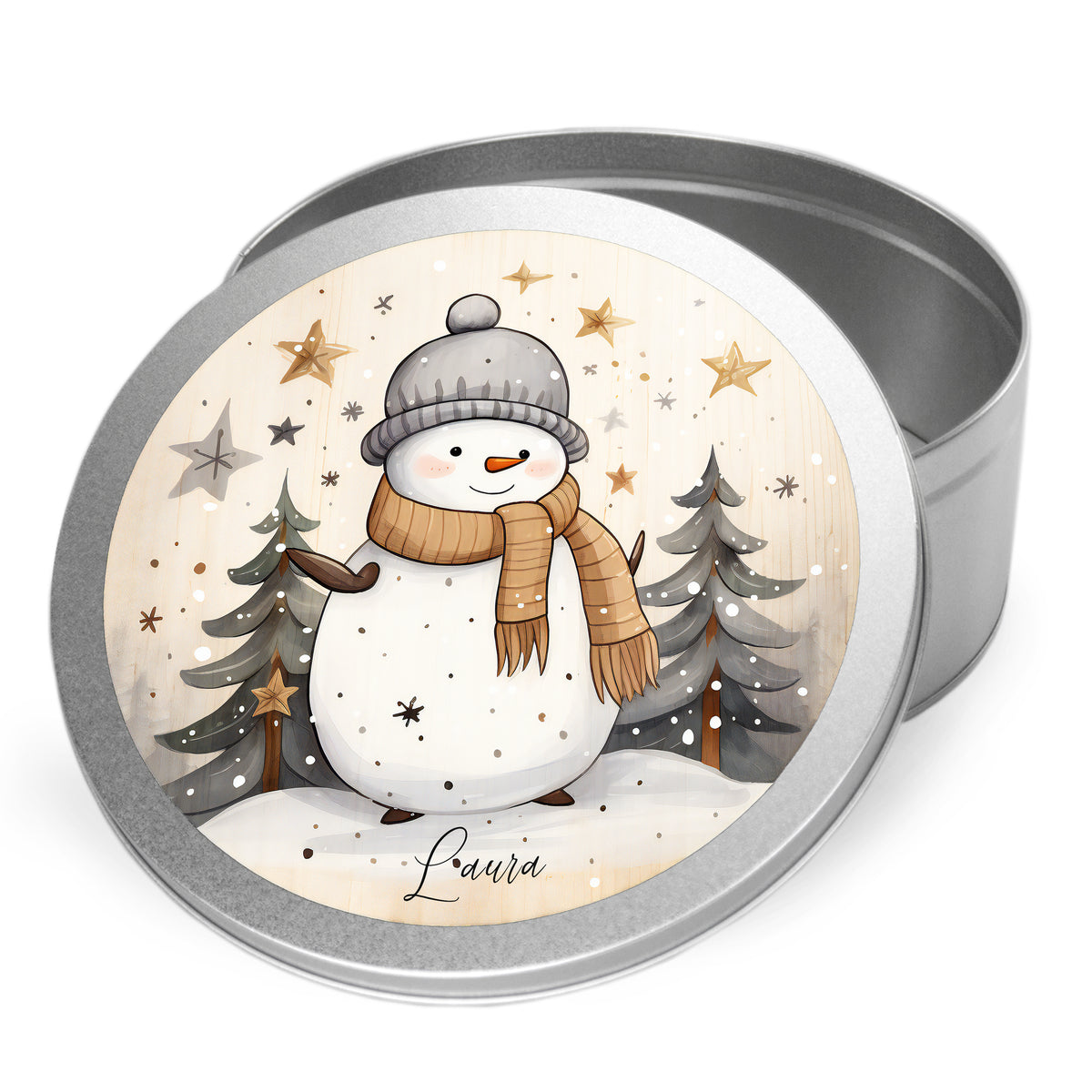 Blechdose mit Schneemann, grauer Hut und braunem Schal.