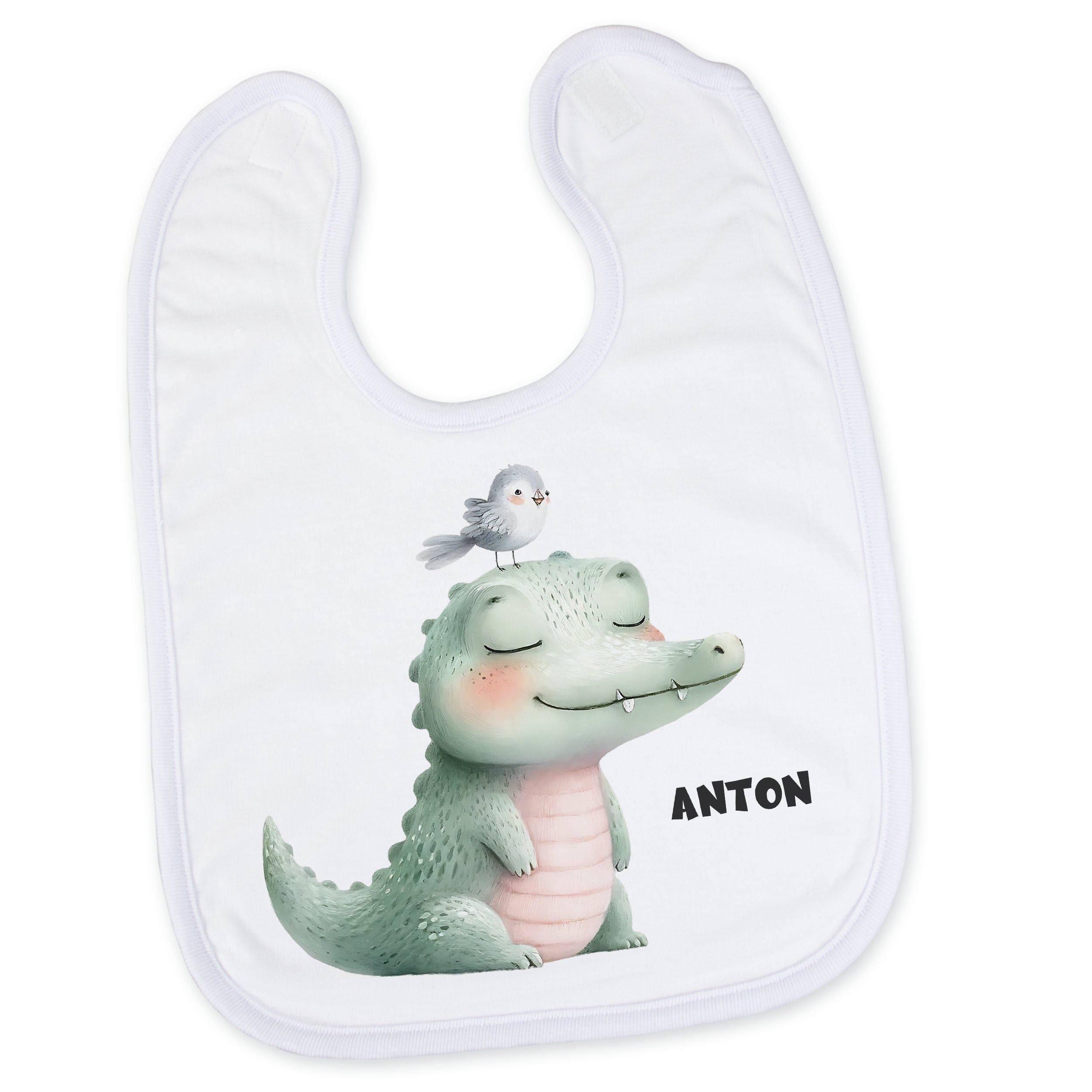 Lätzchen mit grünem Krokodil und Vogel, personalisiert mit Anton.