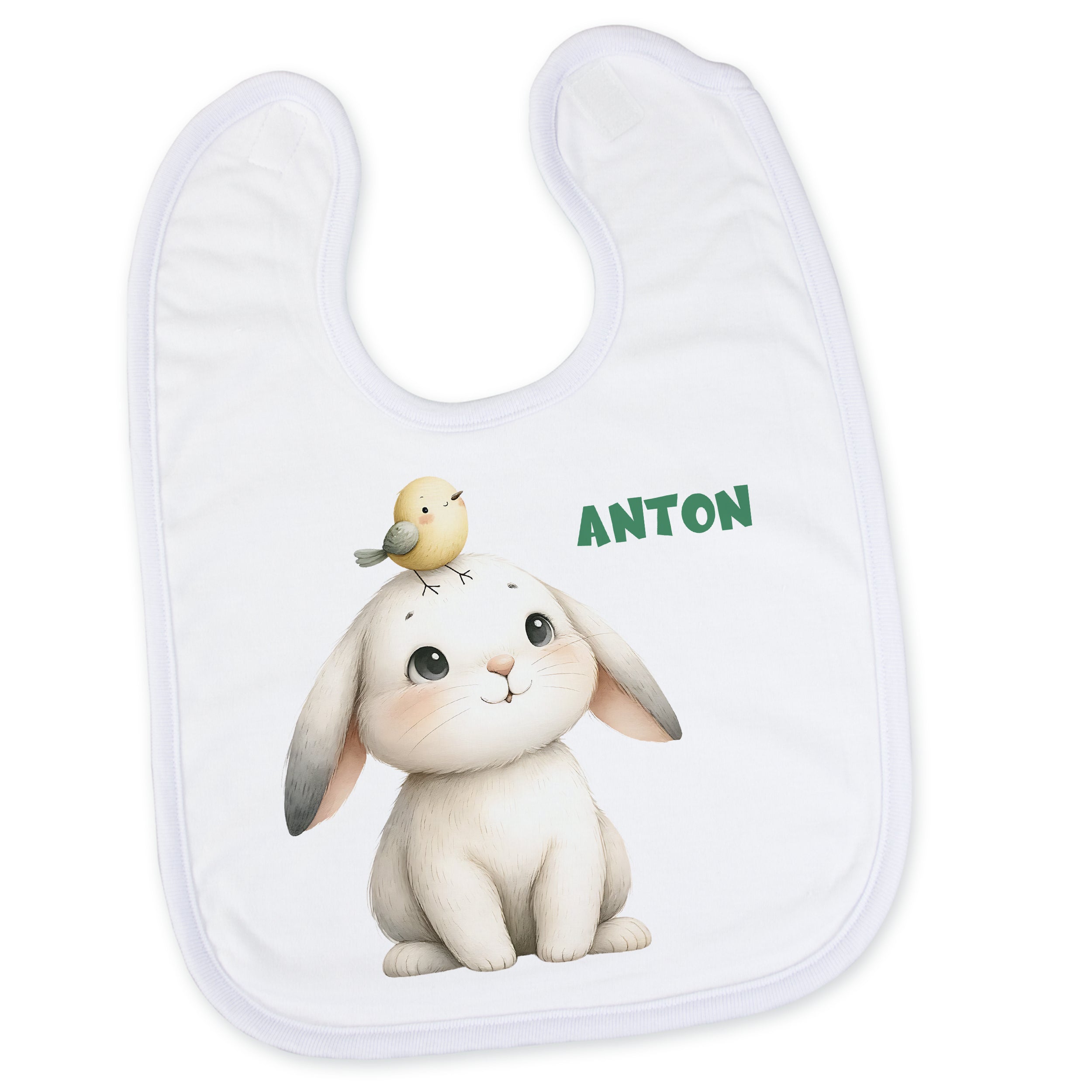 Weißes Lätzchen mit niedlichem Hasen und Vogel, personalisiert mit Anton.