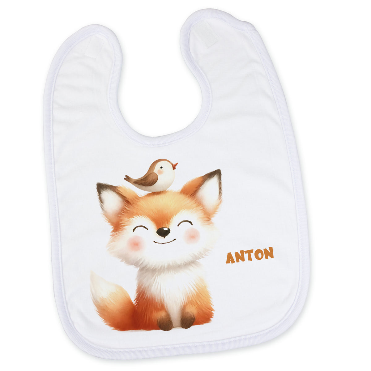 Lätzchen mit Fuchs- und Vogelmotiv, weiß, personalisiert mit "ANTON".