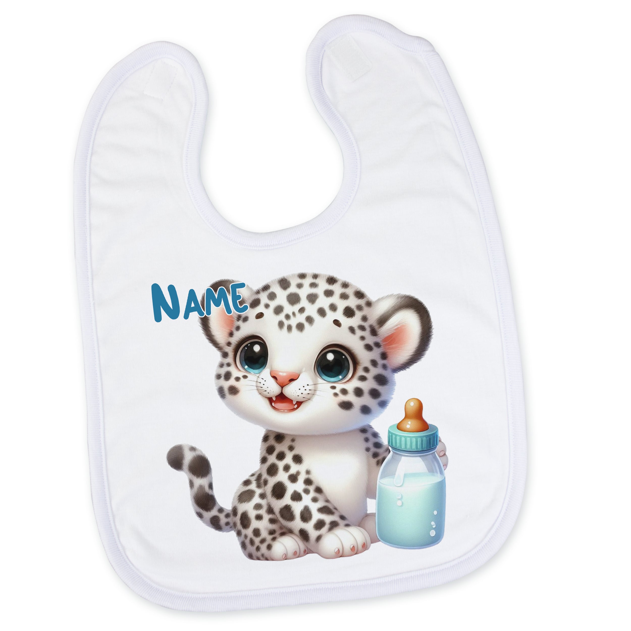Lätzchen mit niedlichem Leopardenmotiv und Flasche.