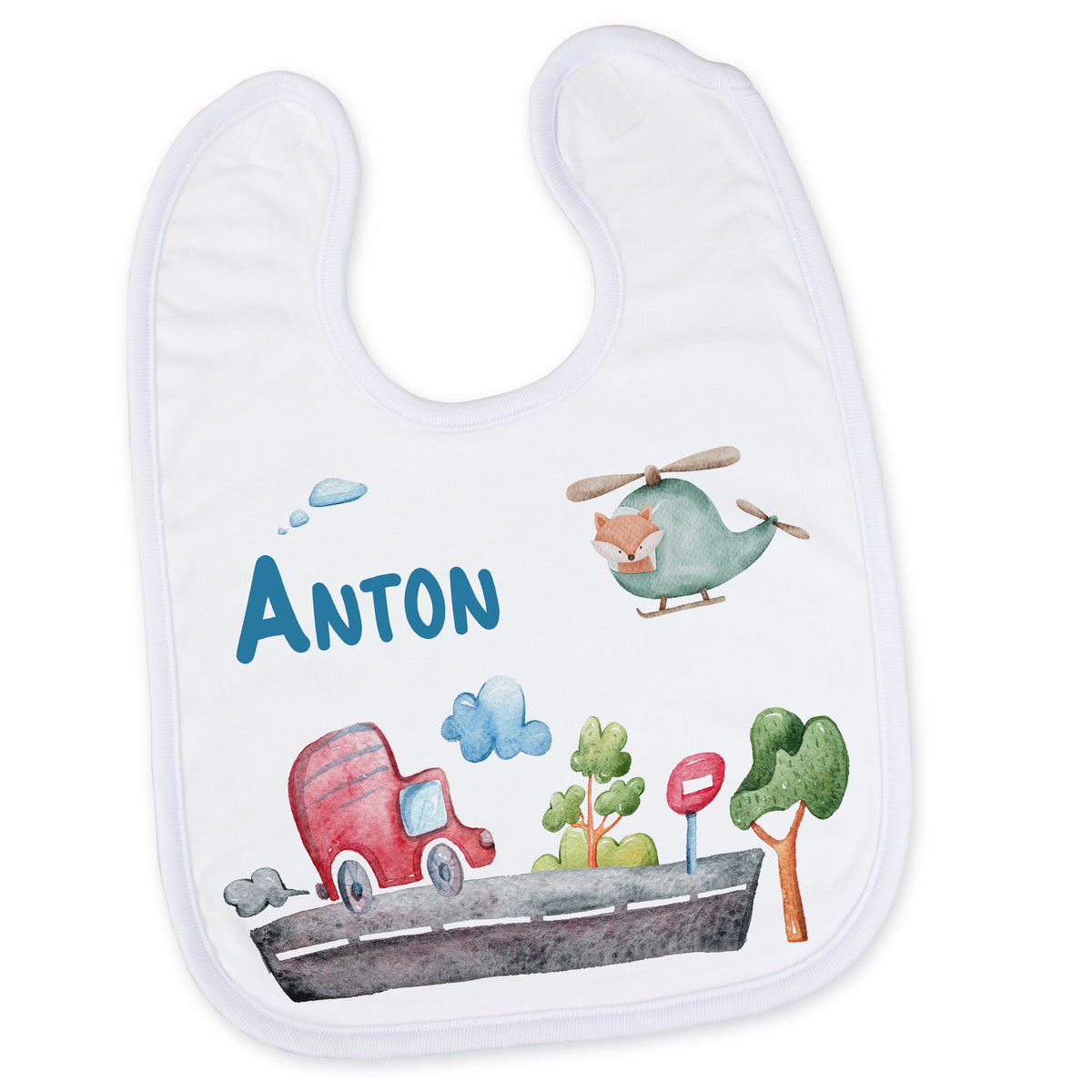 Lätzchen mit bunten Fahrzeugen und Namen Anton.