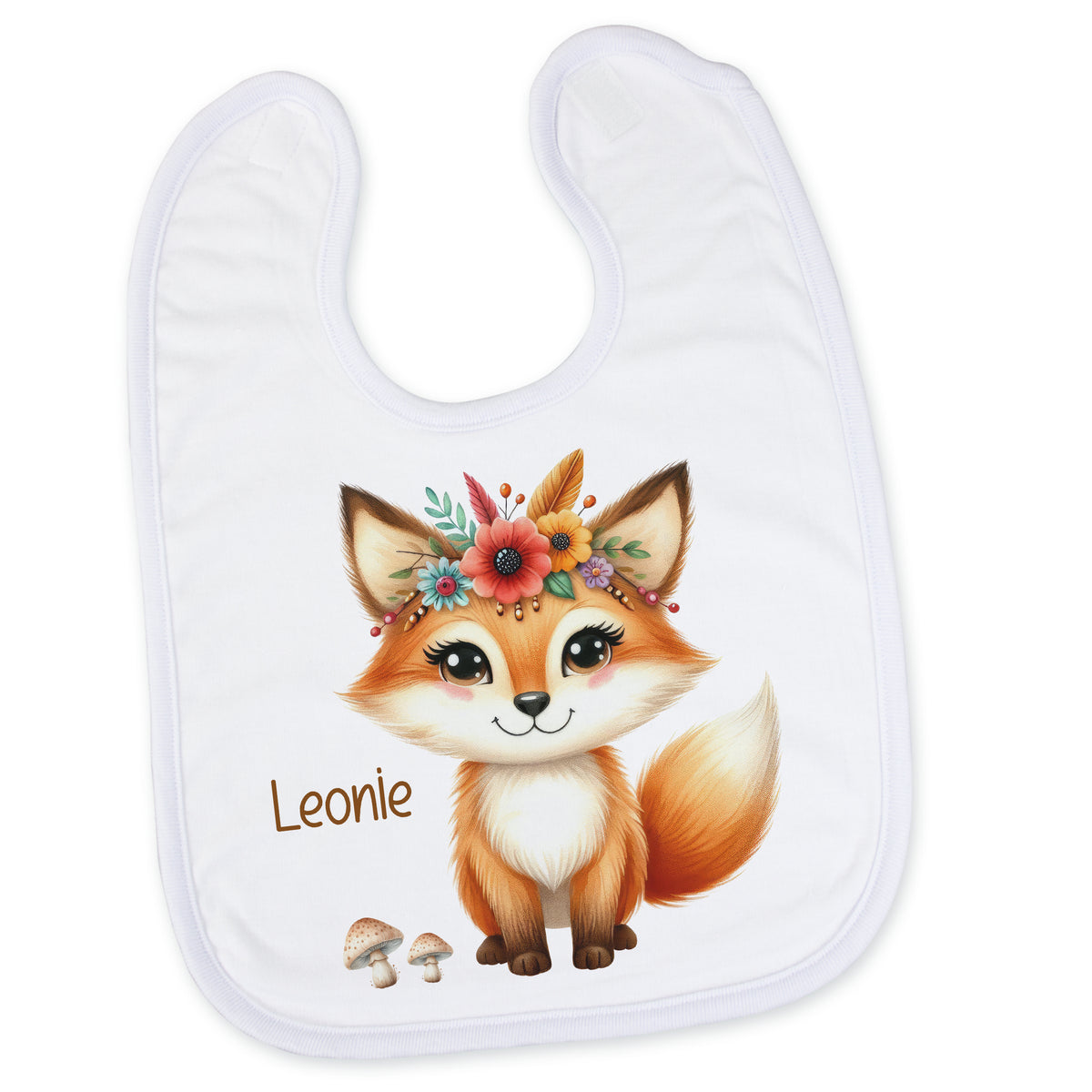Lätzchen mit Fuchs-Motiv, Blumenkranz und Name Leonie.