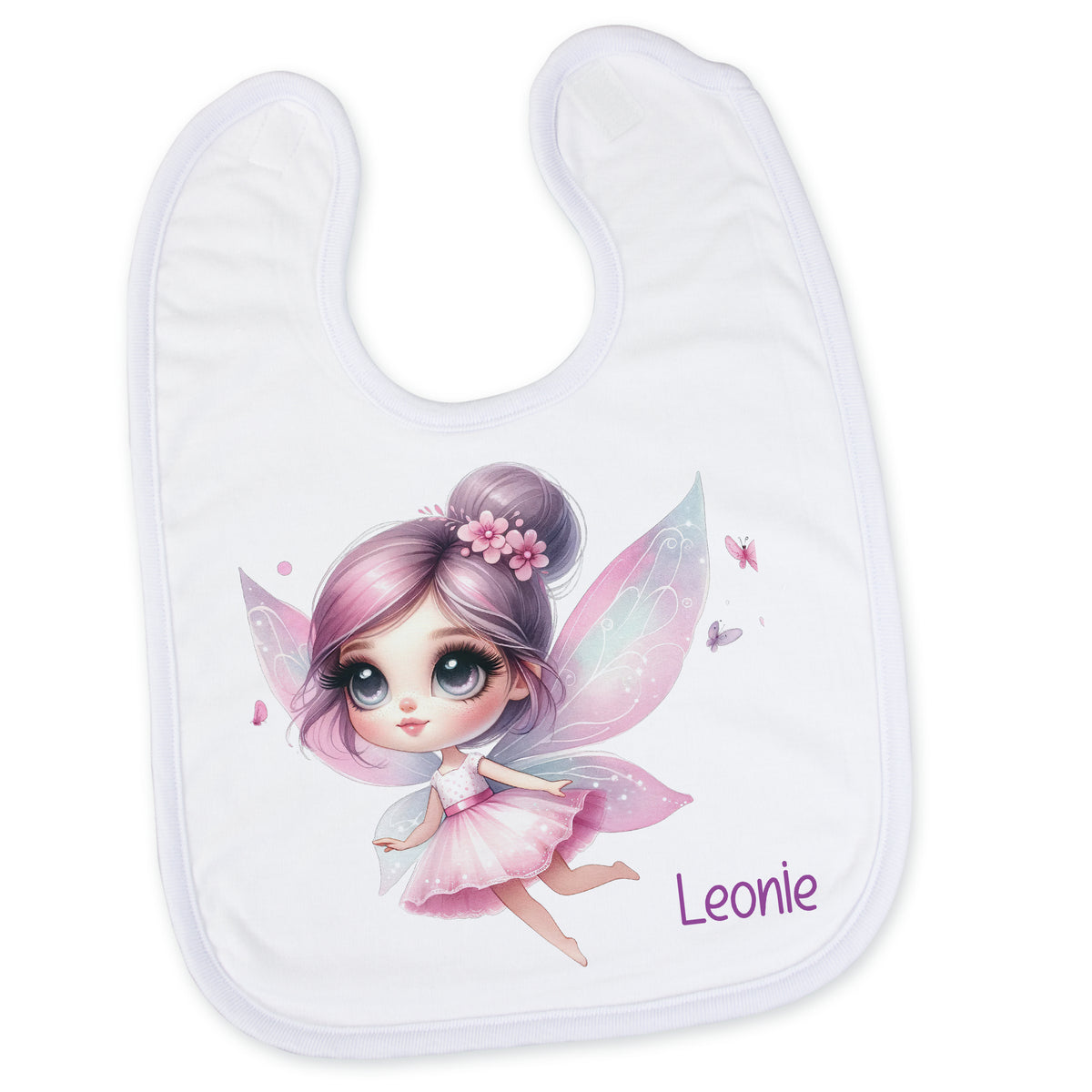 Lätzchen mit Feenmotiv in Rosa und Weiß, personalisiert.