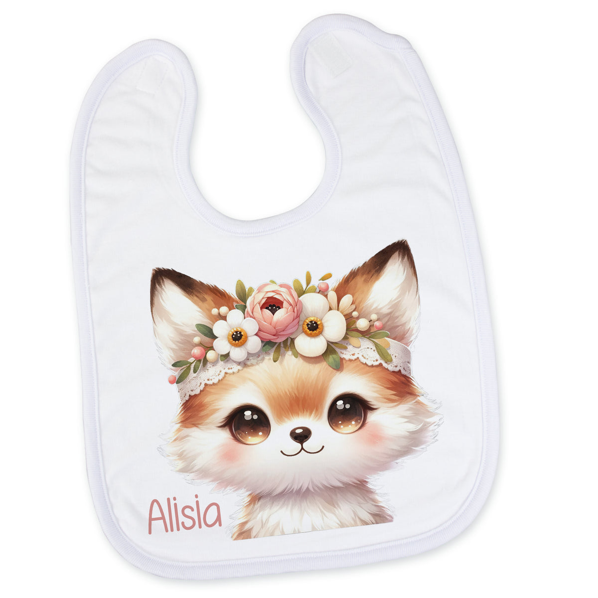 Lätzchen mit niedlichem Fuchs-Motiv und Blumenkranz.