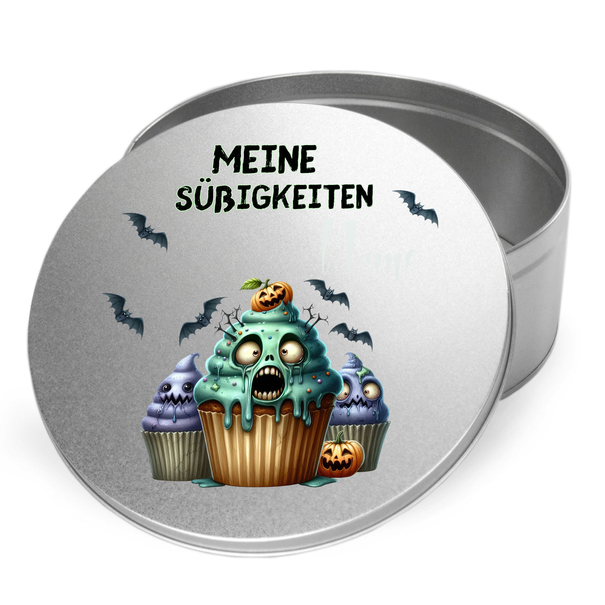 Metalldose mit gruseligen Cupcakes und Halloween-Motiv.