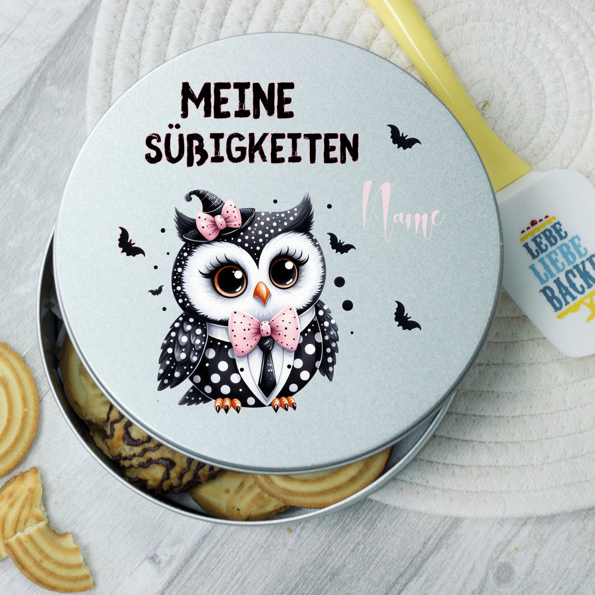Keksdose mit Eule, grau, personalisierbar, süßes Design.