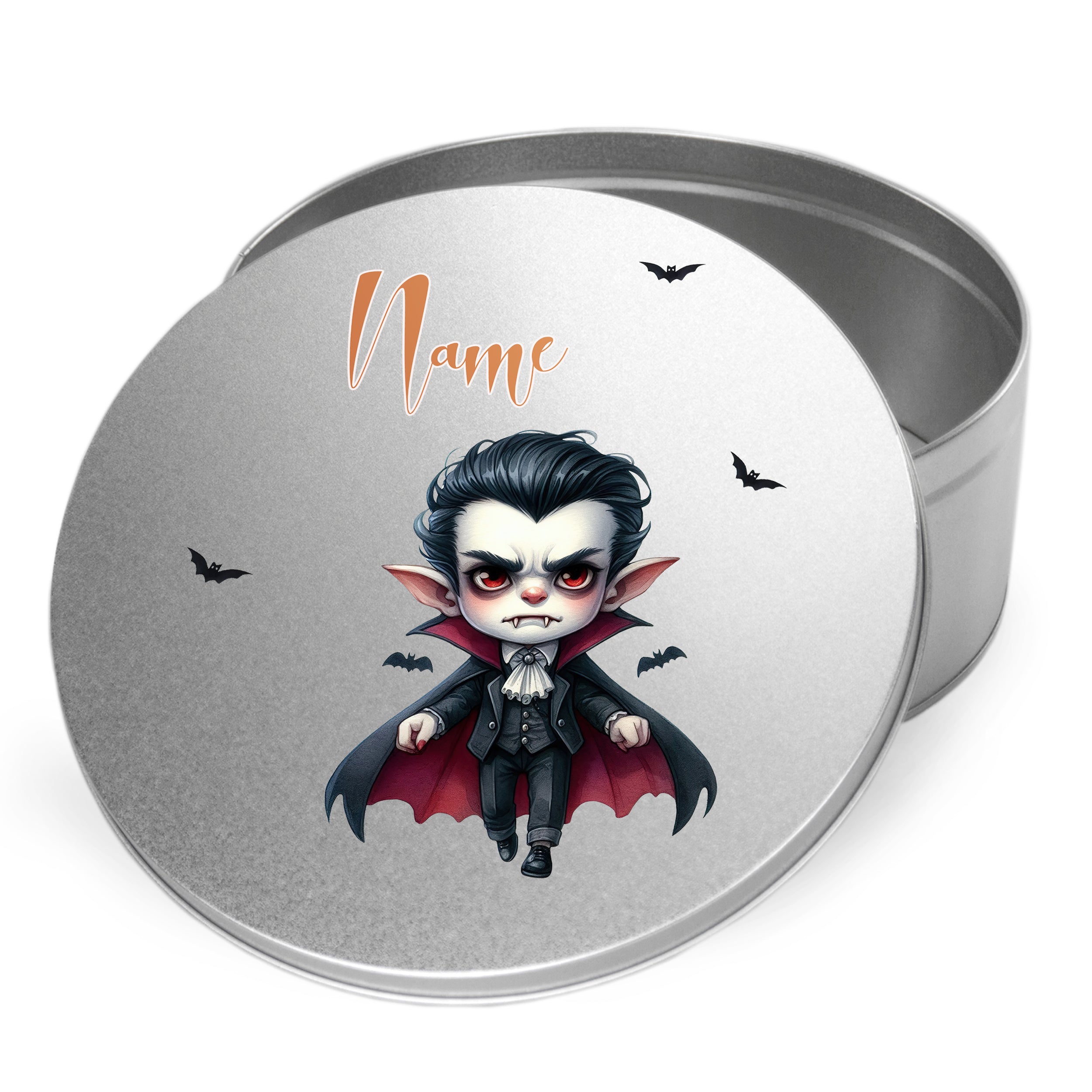 Runde Metalldose mit vampirischem Charakter und Fledermäusen.
