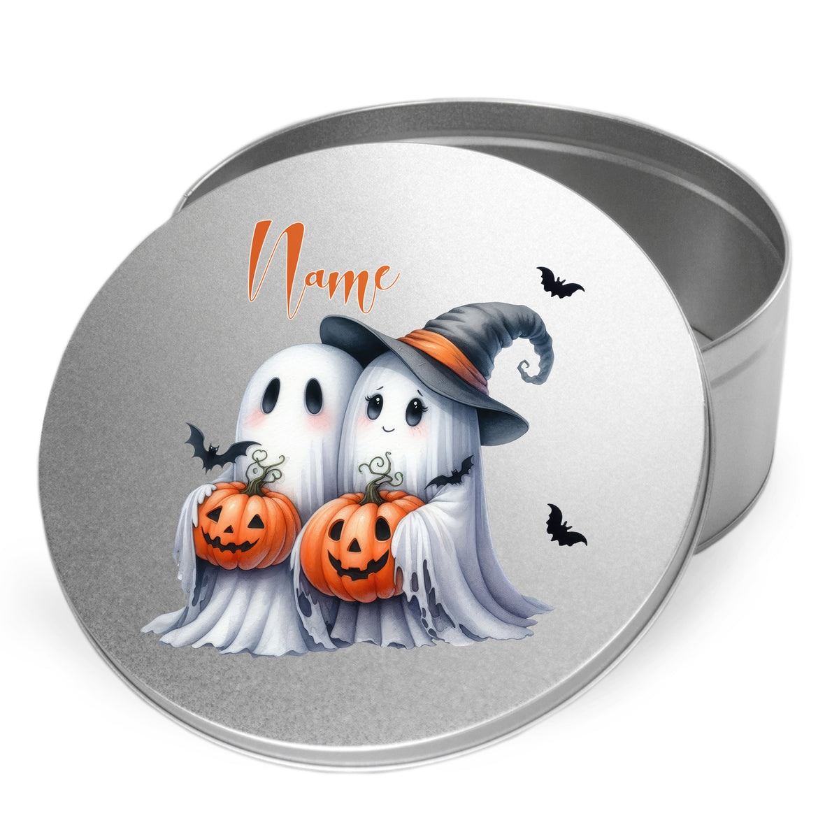 Zinnendose mit Geistern, Kürbissen und Halloween-Design.