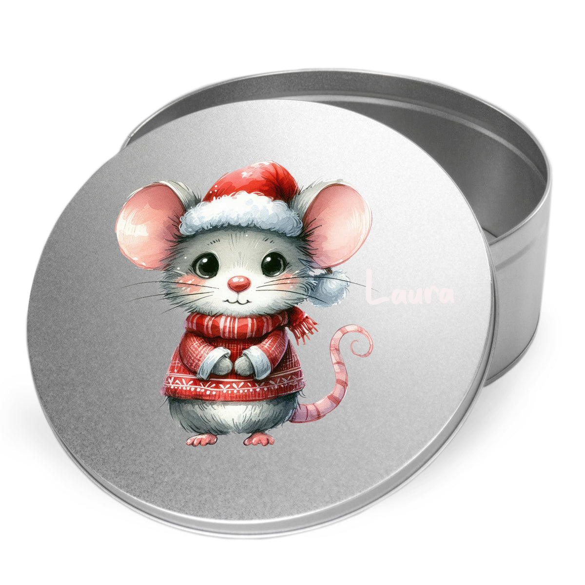 Graue Dose mit niedlicher Maus im Weihnachtslook.