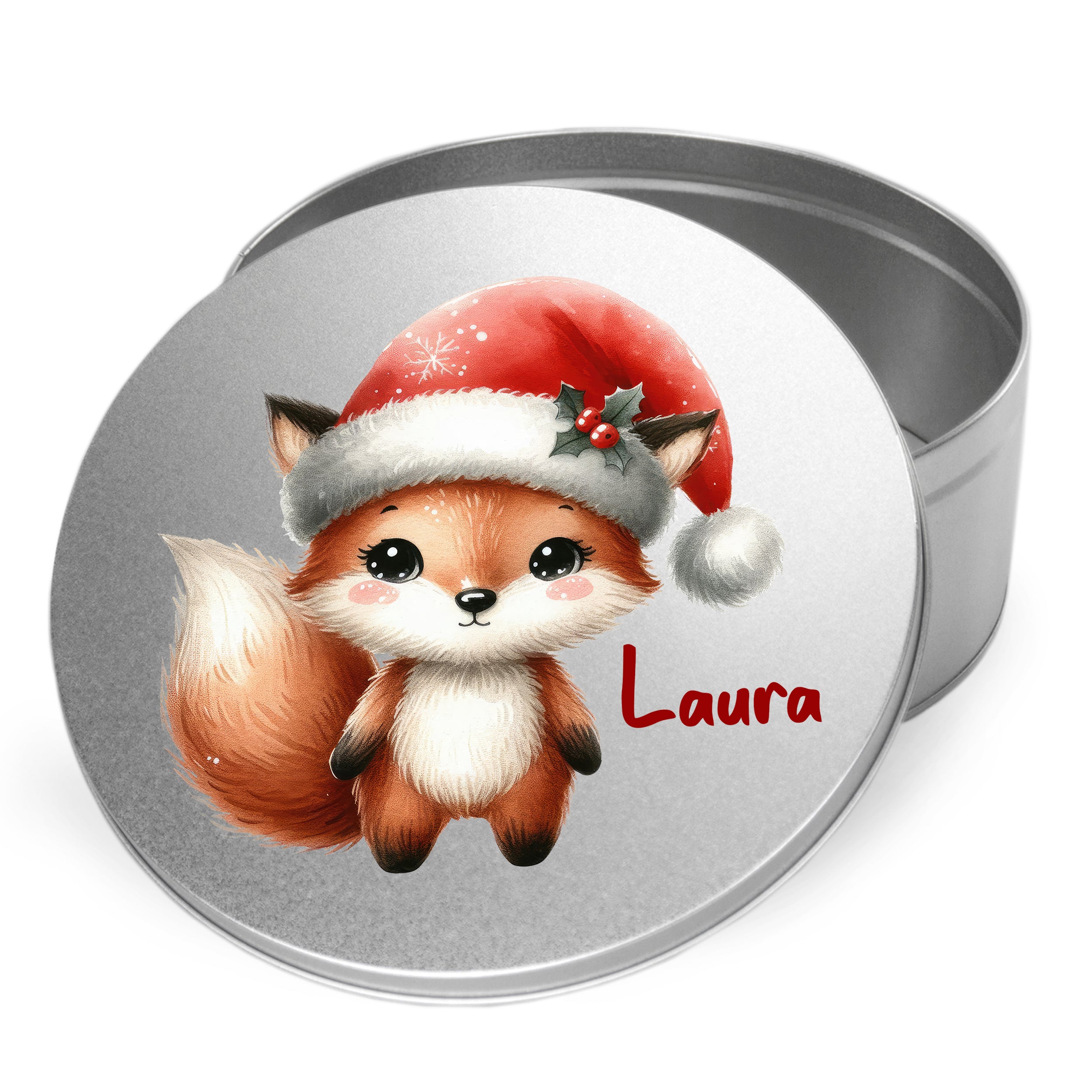 Runde Metalldose mit niedlichem Weihnachtsfuchs und Name Laura.