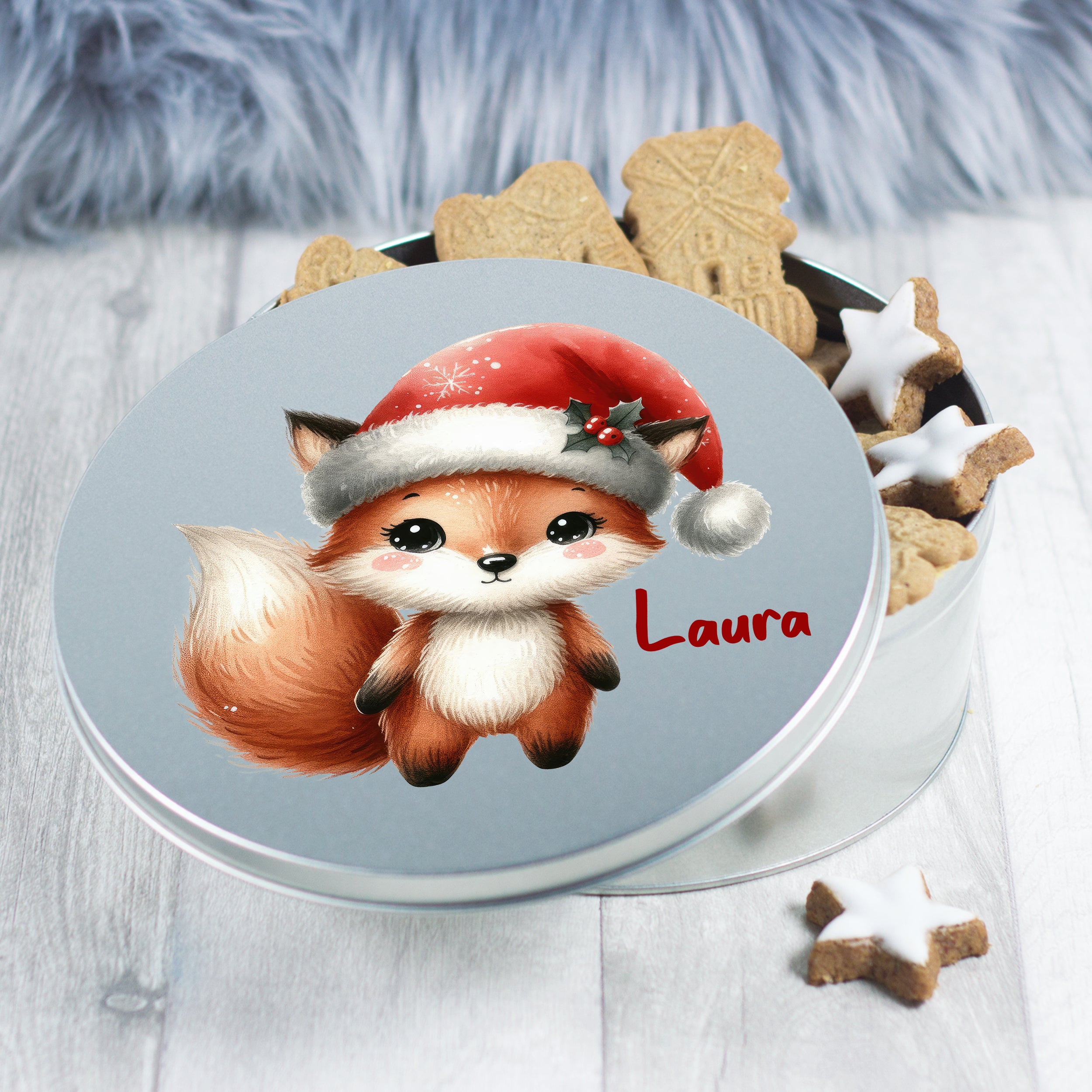 Runde Blechdose mit niedlichem Weihnachtsfuchs und Namen.