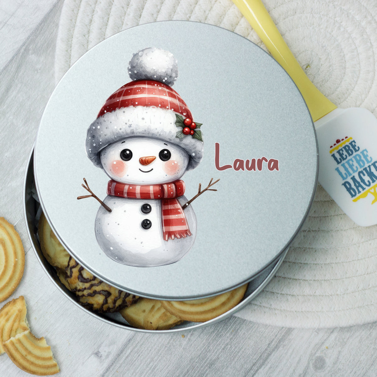 Kekse Dose mit Schneemann-Motiv und personalisiertem Namen.