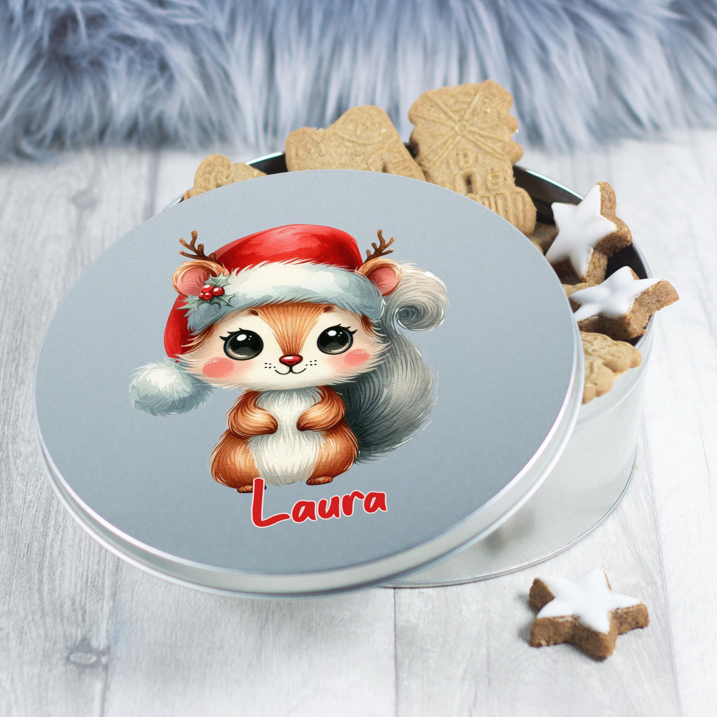 Runde Keksdose mit niedlichem Eichhörnchen-Motiv und rotem Weihnachtsmütze.