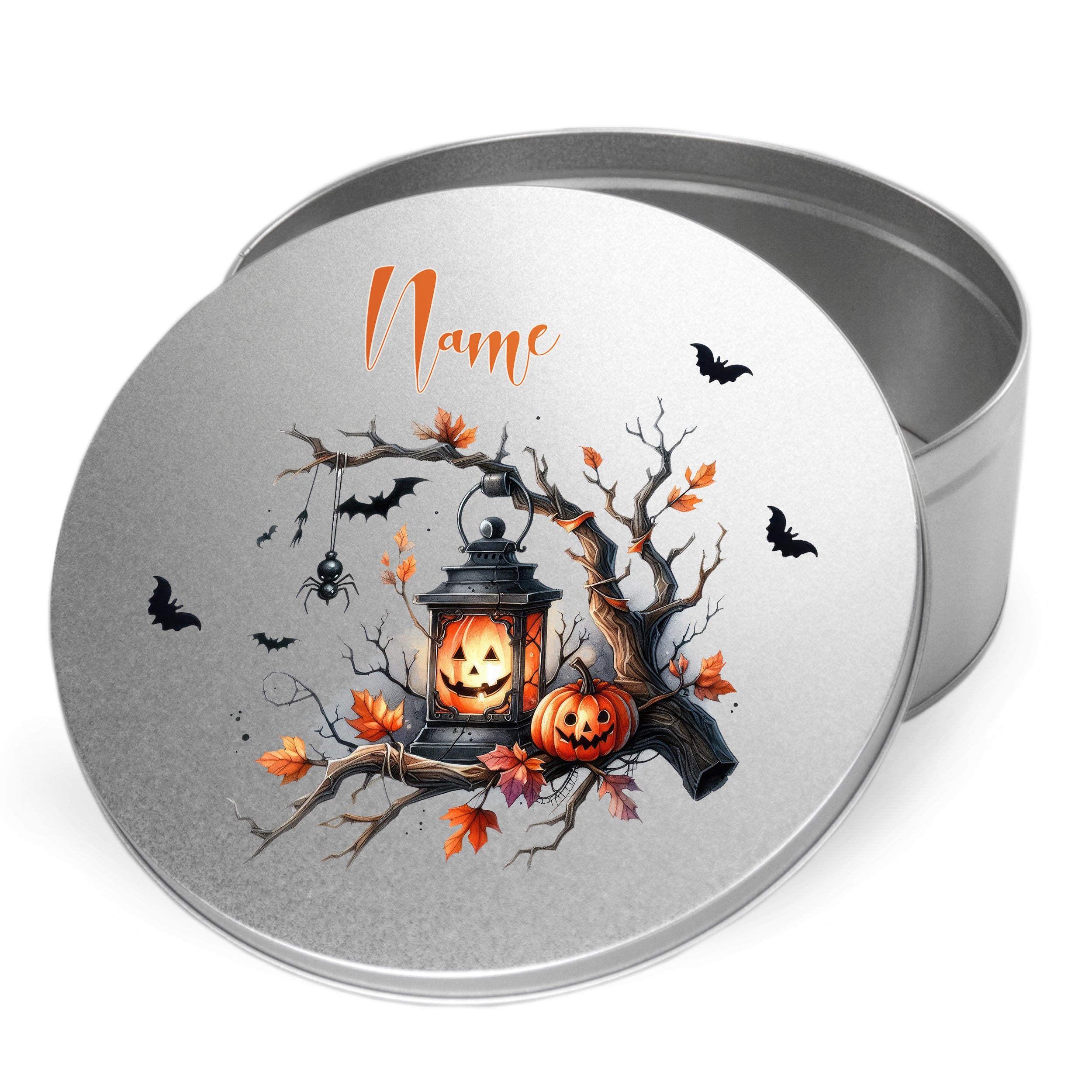 Gruselige Halloween-Dose mit Laterne, Kürbissen und Fledermäusen.