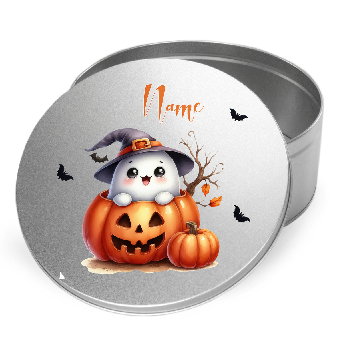 Kleine Geisterdose mit Kürbis und Halloween-Motiv.