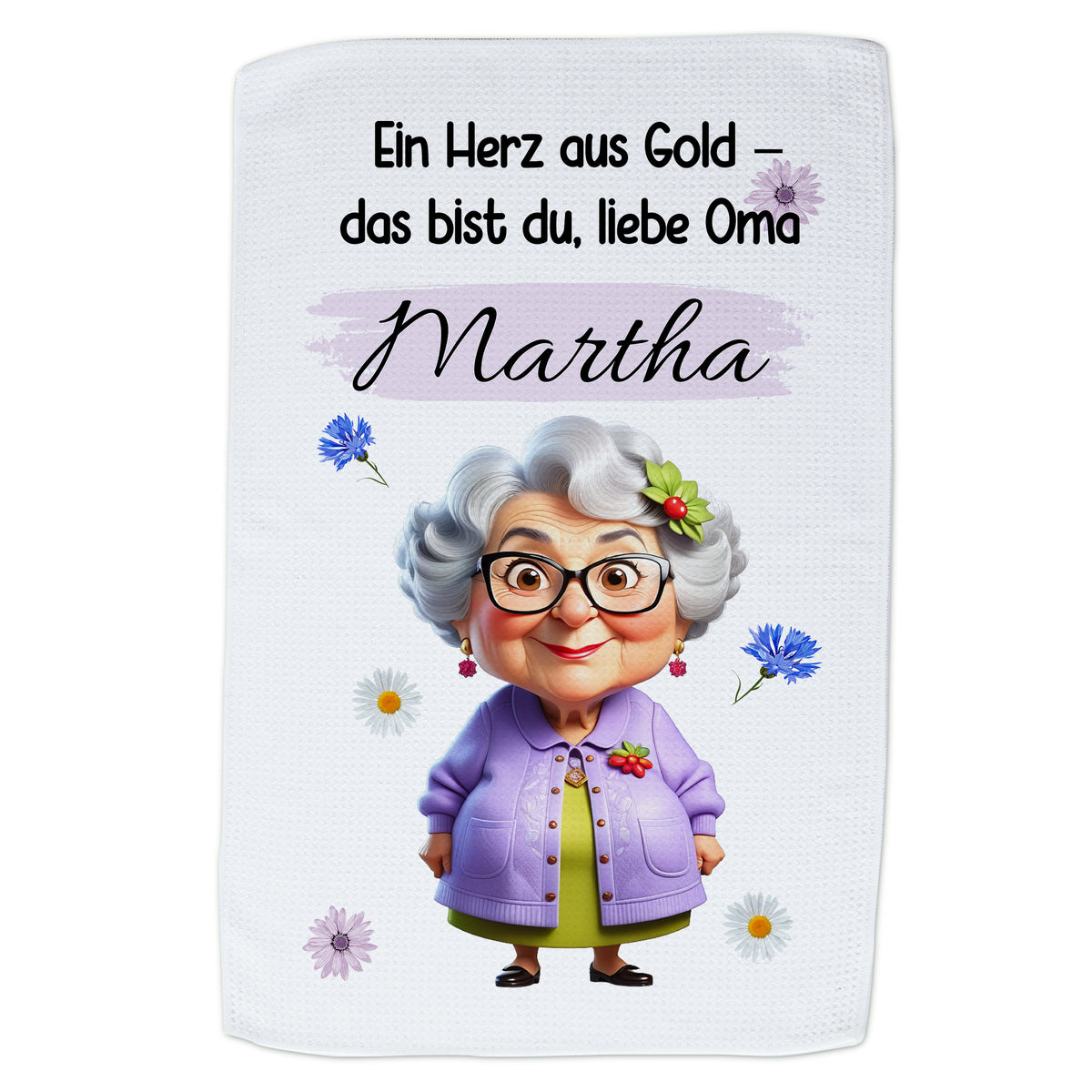 Geschirrtuch mit Oma-Motiv, lila, Blumen und persönlichem Text.