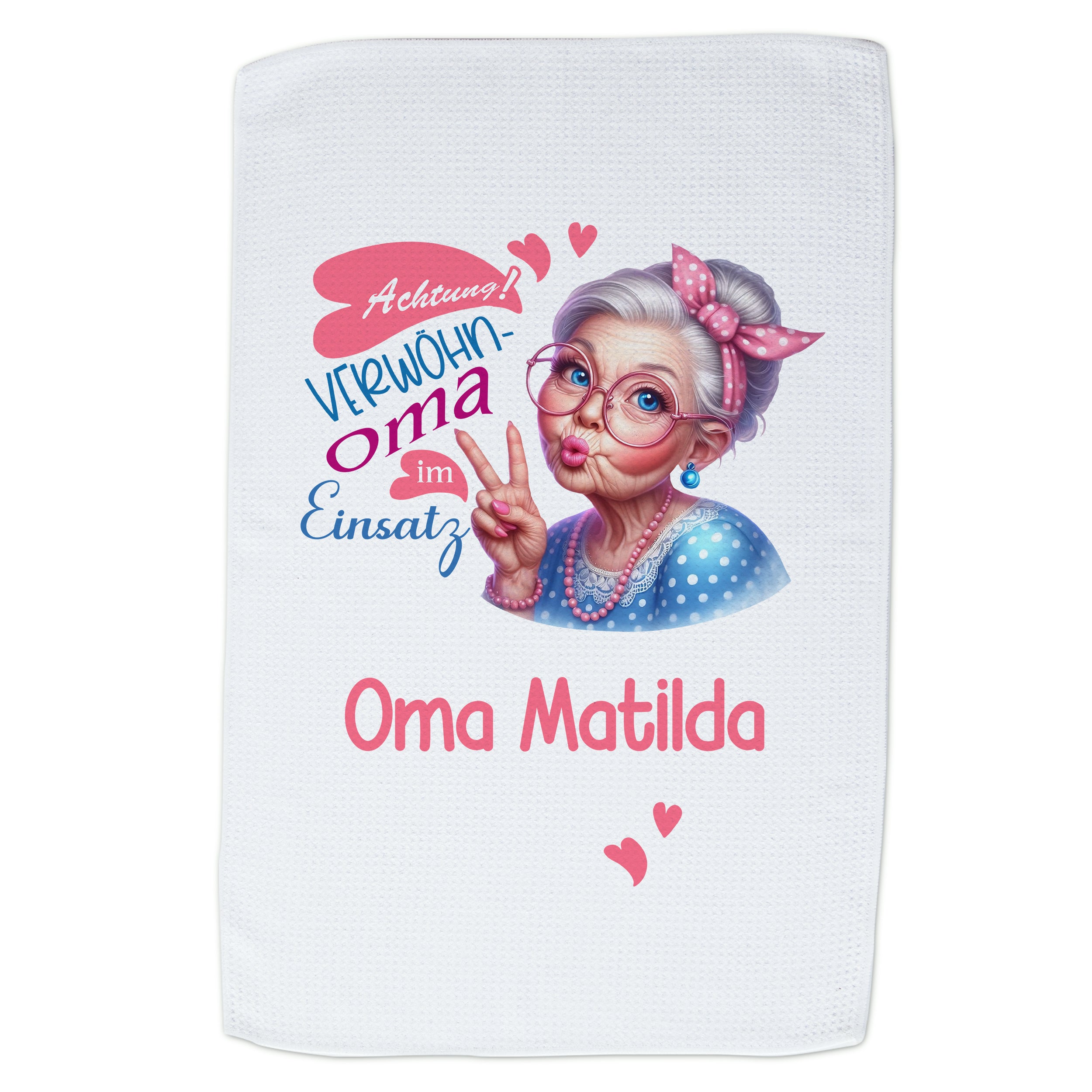 Handtuch mit Oma Matilda, bunten Farben und lustigem Spruch.