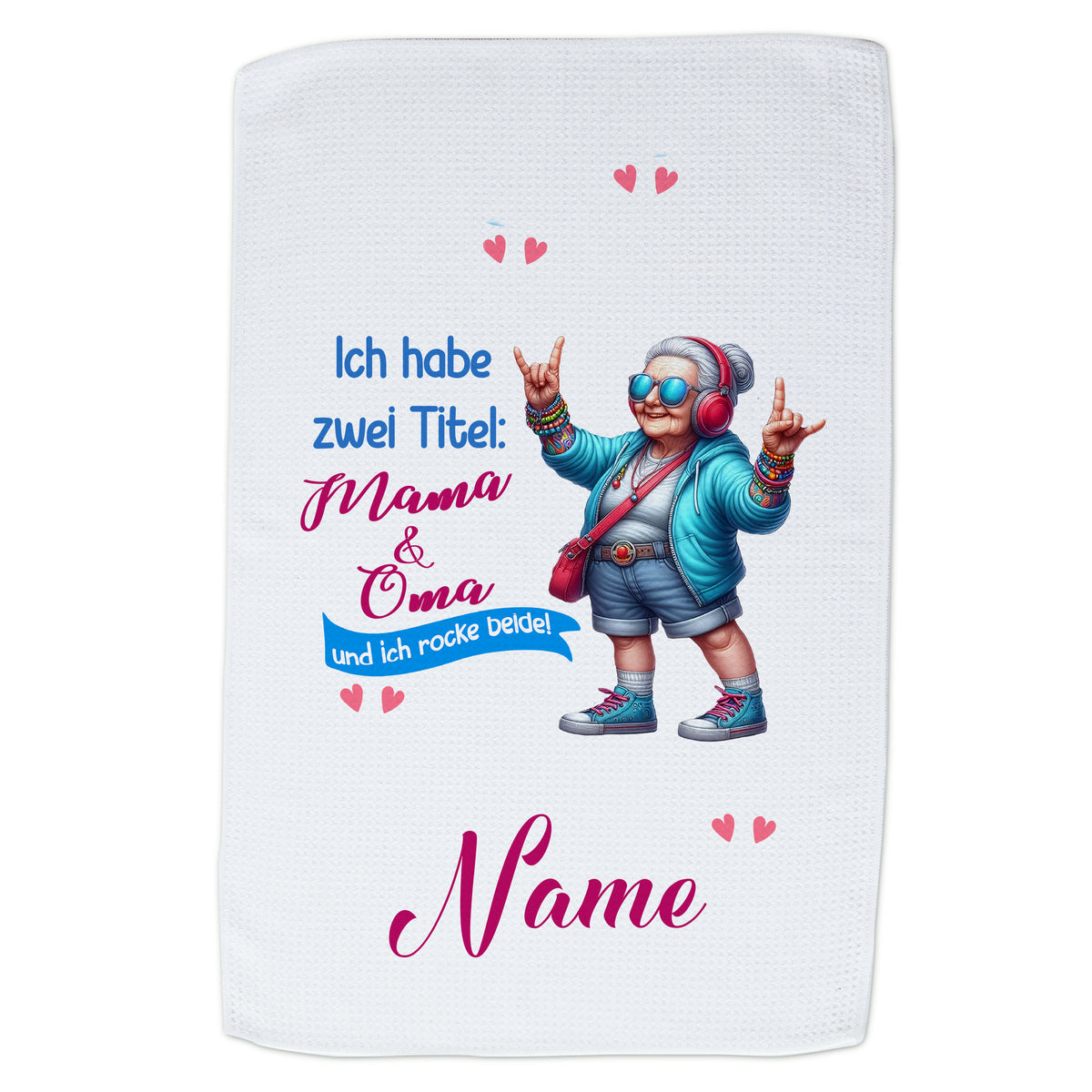 Handtuch mit lustigem Oma-Motiv, blau und pink.