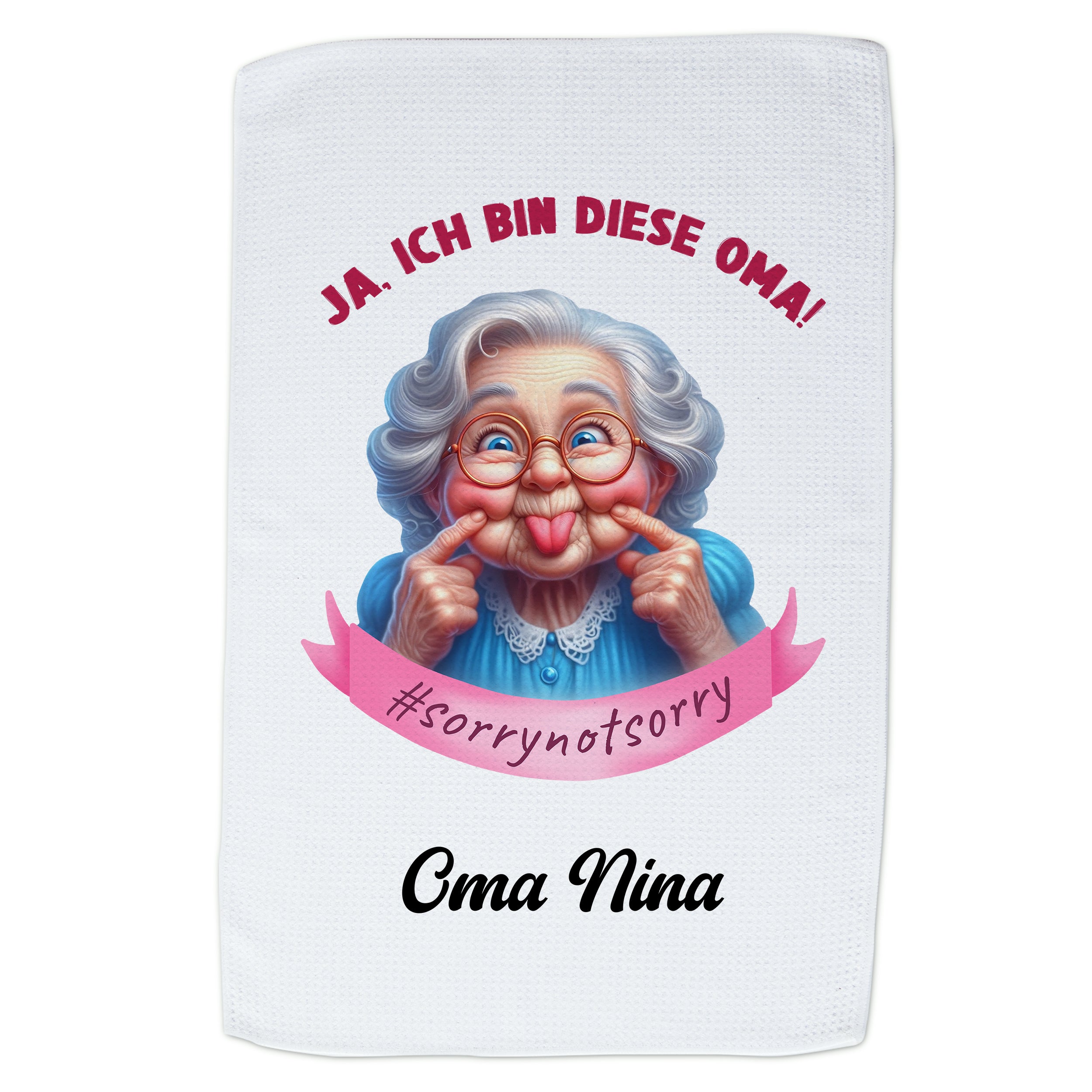 Küchentuch mit humorvollem Oma-Motiv und Spruch.