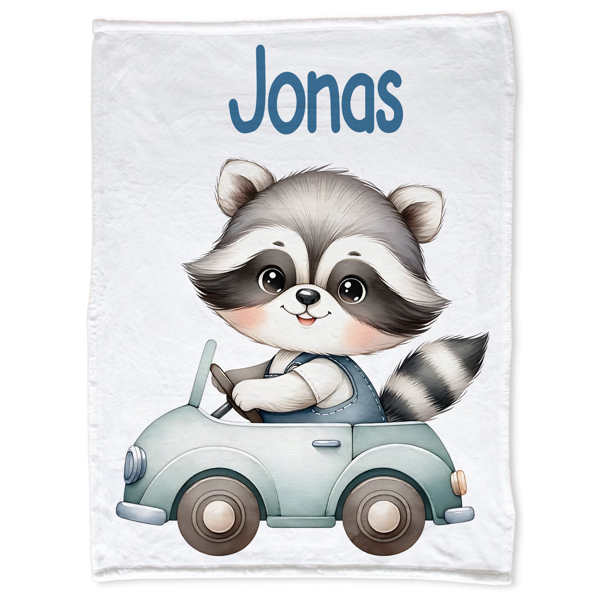 Süßer Waschbär in blauem Auto mit Namen Jonas.