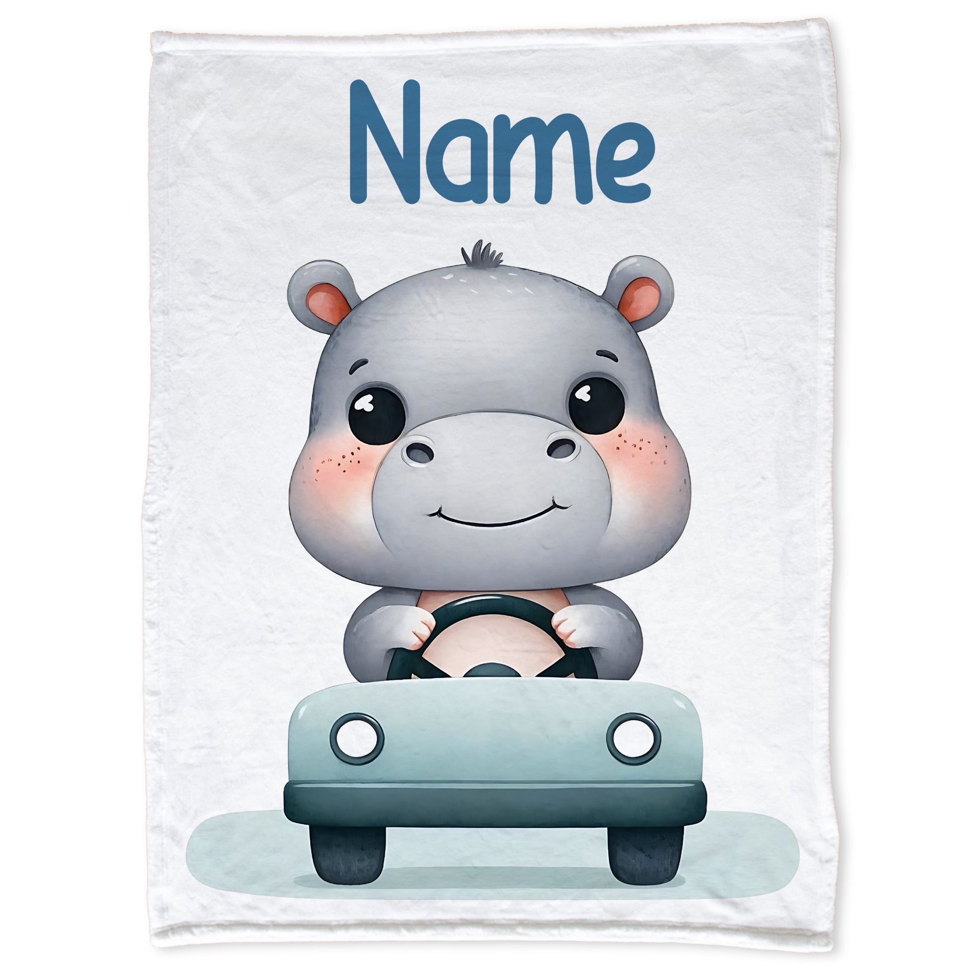 Hippo im Auto, grau, mit personalisierbarem Namen.