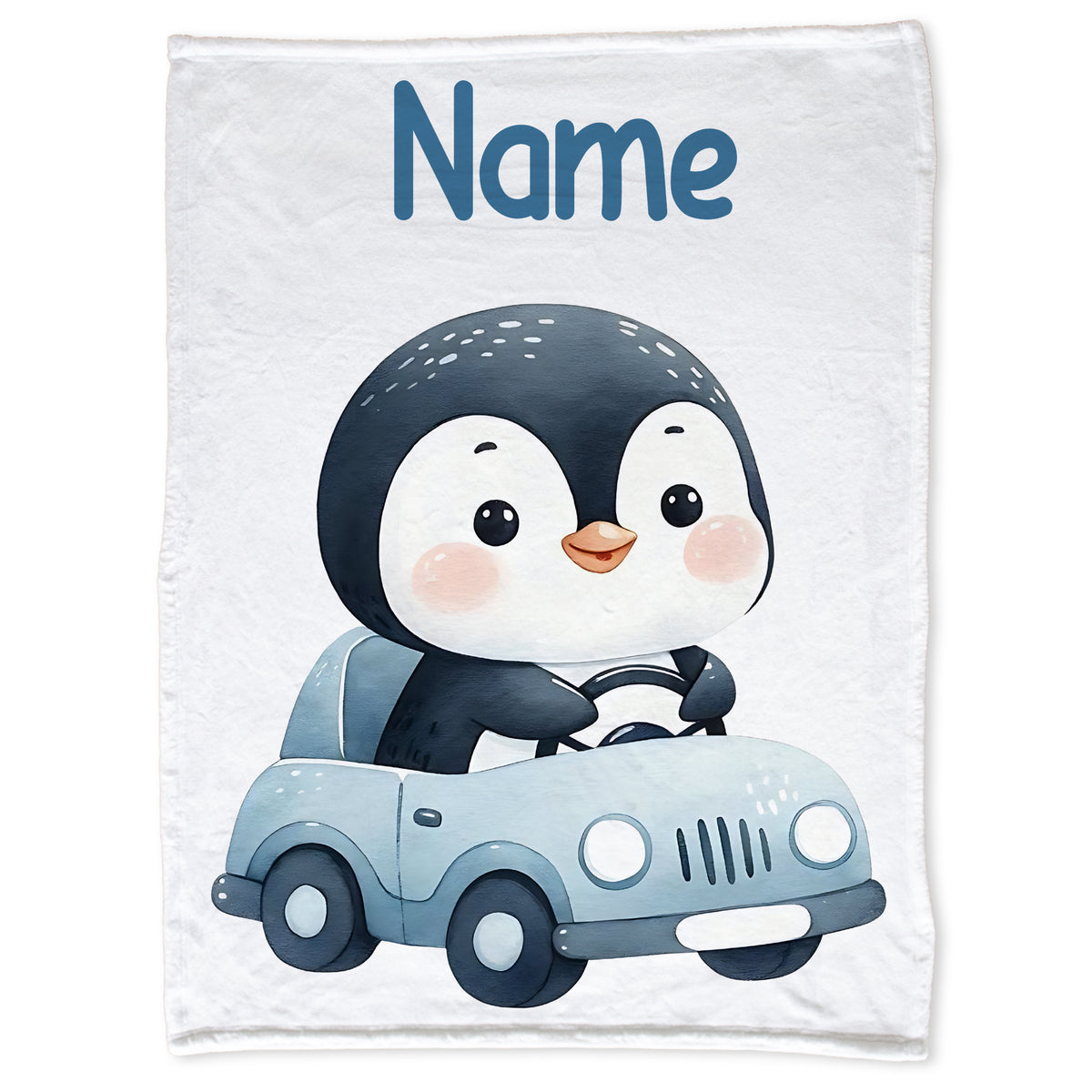 Pinguin im blauen Auto, personalisierbar mit Namen.
