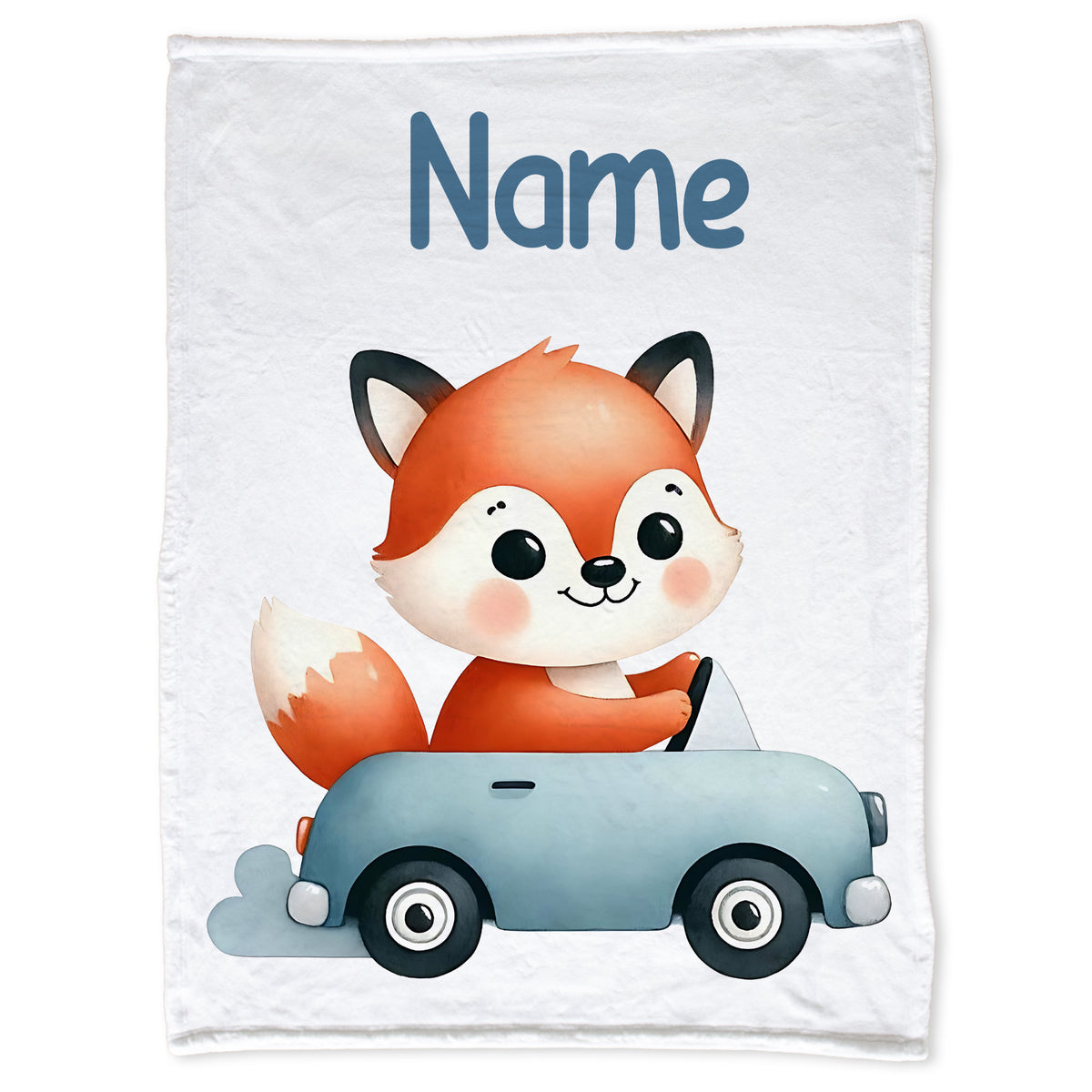 Fuchs im Auto, orange und blau, personalisierbar.