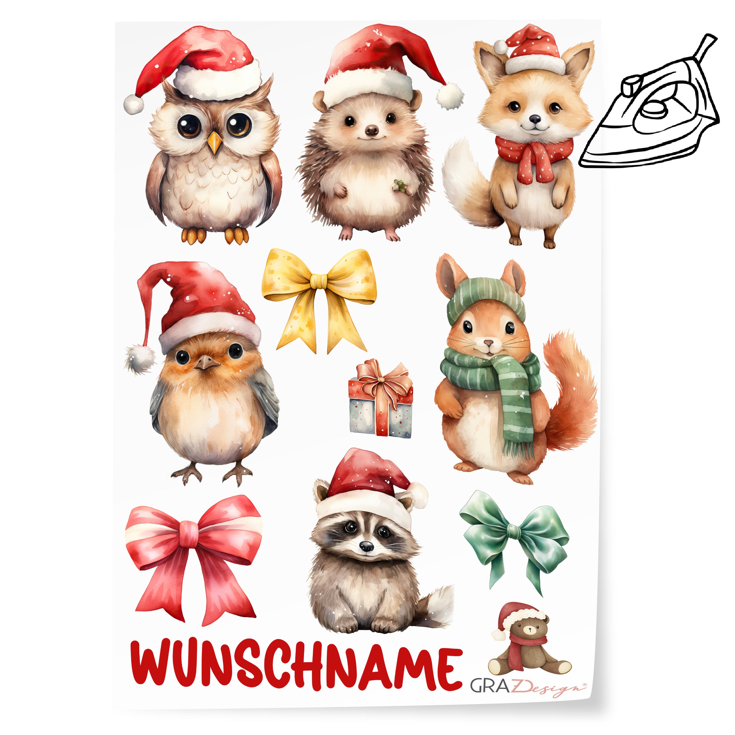 Tierische Weihnachtsmotive mit Mützen, Bows und "WUNSCHNAME".