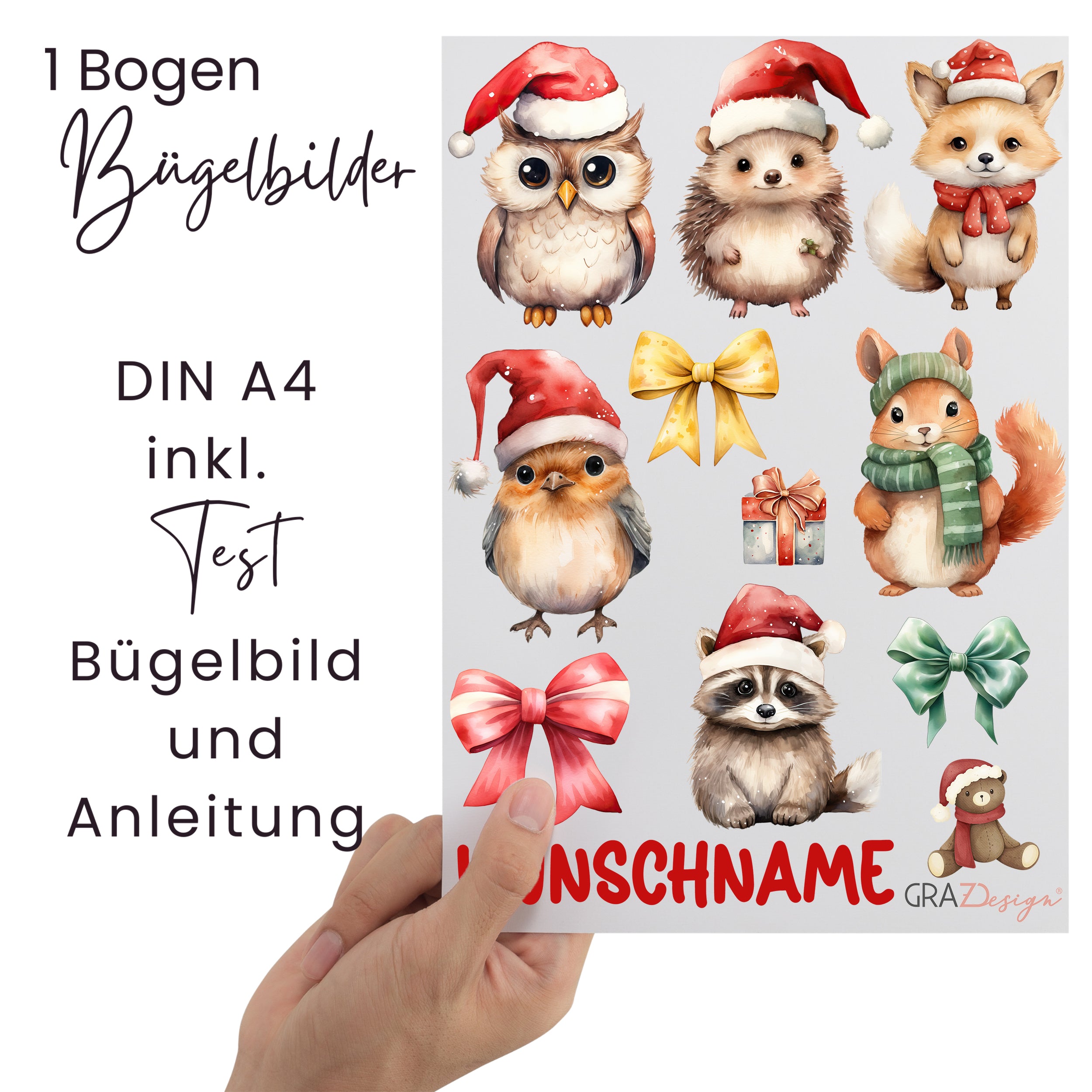 Bügelbilder mit Weihnachtsmotiven, DIN A4, bunt.