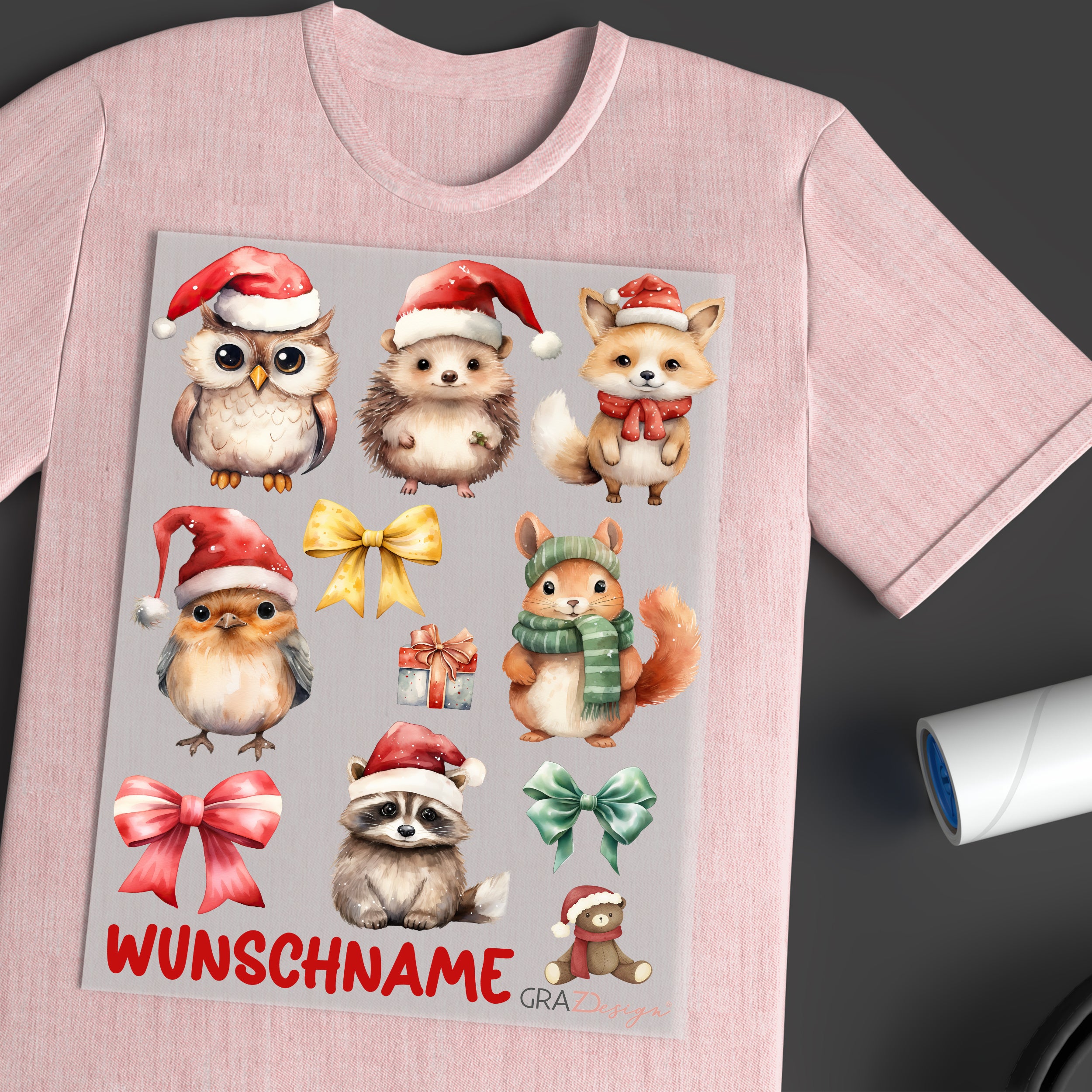 Rosa T-Shirt mit niedlichen Tieren und Weihnachtsmotiven.